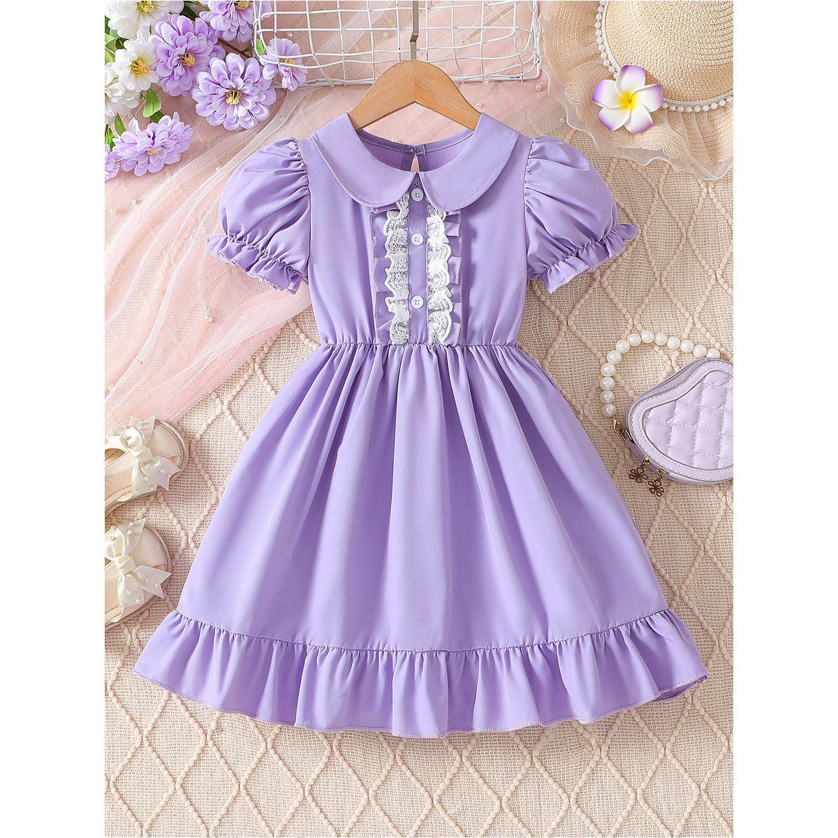 فستان بتفاصيل دانتيل وكشكش مع أزرار-girls-clothing-dressesandjumpsuits-image-1