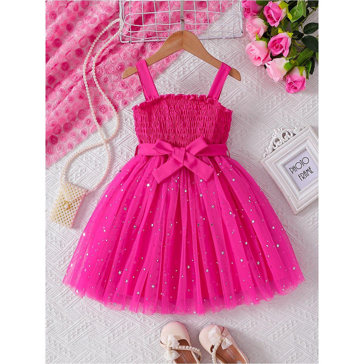 Styli Girls Neon Pink Embellished Smocking Detail A-Line Dress-girls-clothing-dressesandjumpsuits-image-1