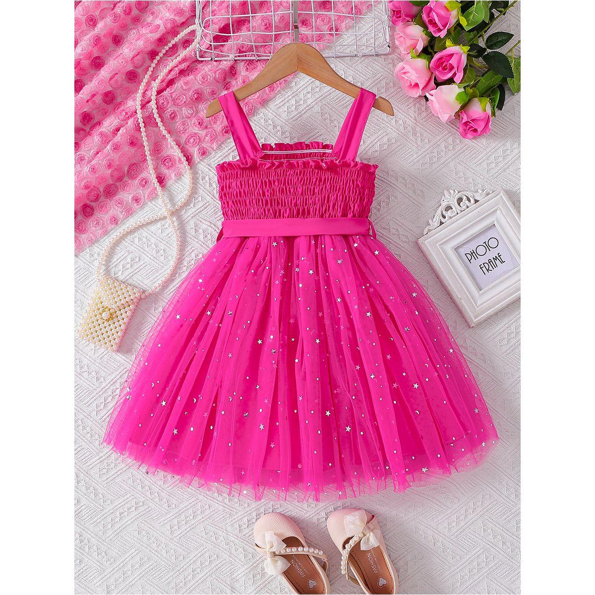 Styli Girls Neon Pink Embellished Smocking Detail A-Line Dress-girls-clothing-dressesandjumpsuits-image-2