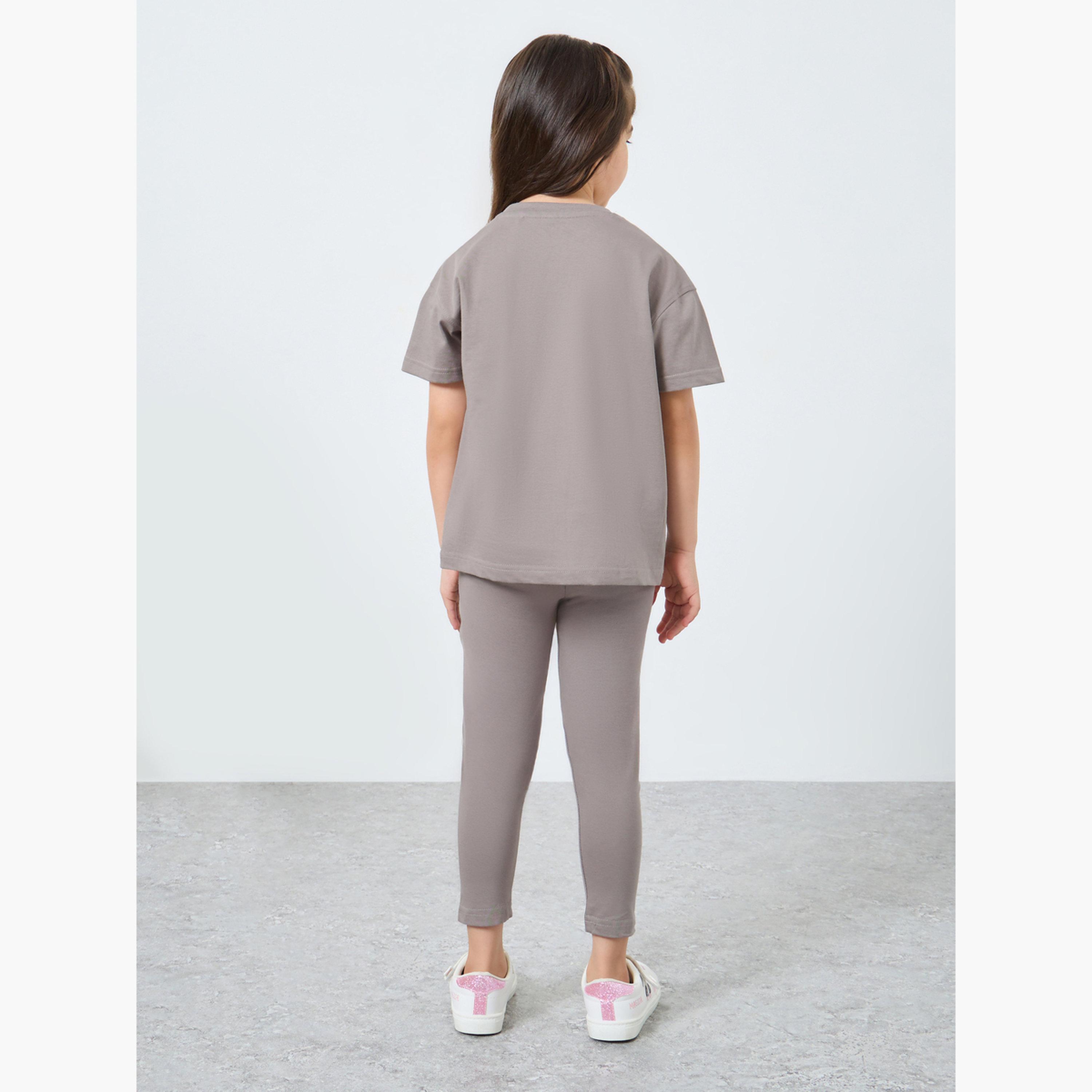 ستايلي - طقم تي شيرت وبنطال ضيق سادة تصميم واسع-girls-clothing-setsandcoords-image-5