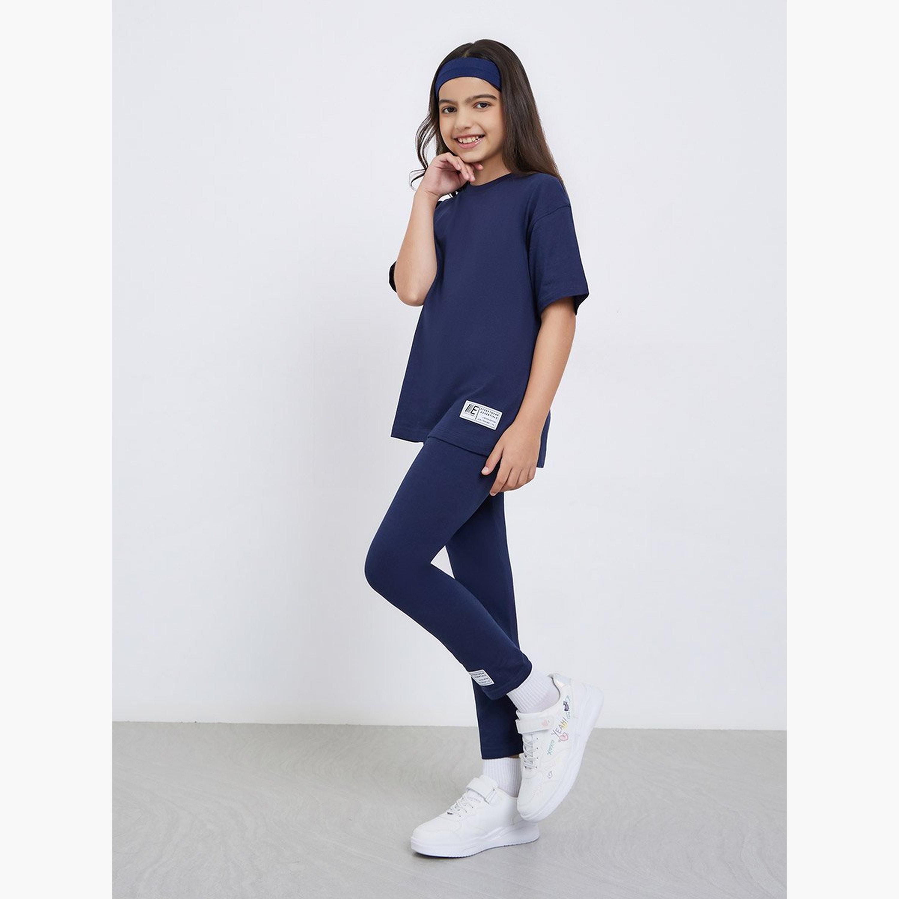 Styli Teens Navy Cotton Oversized T-Shirt and Legging Set-girls-clothing-setsandcoords-image-1