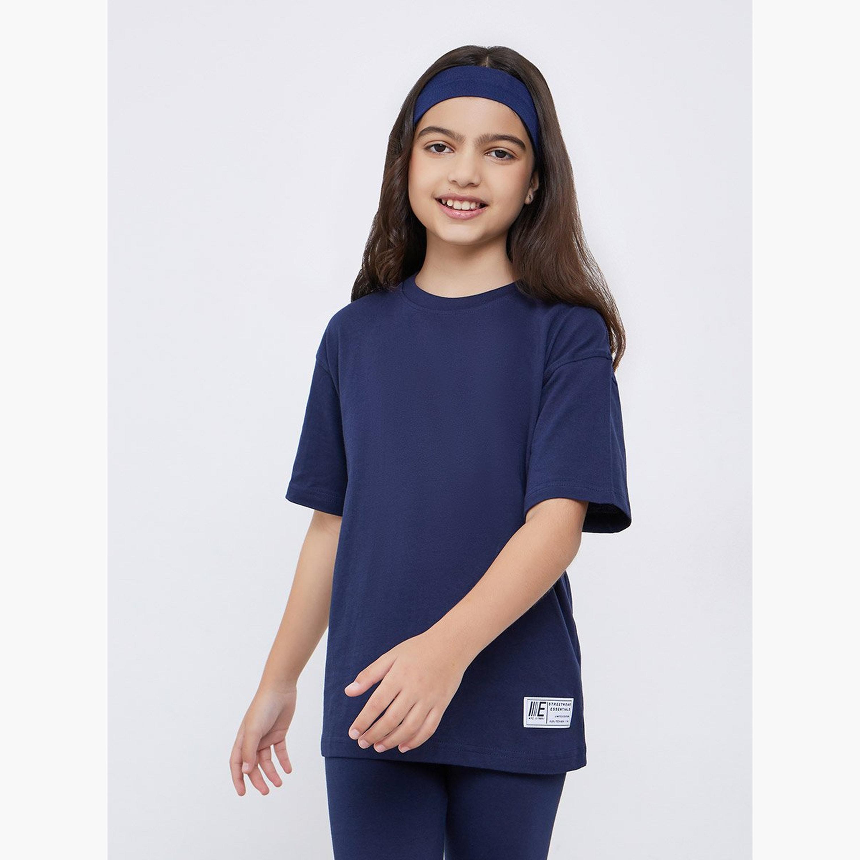 Styli Teens Navy Cotton Oversized T-Shirt and Legging Set-girls-clothing-setsandcoords-image-2