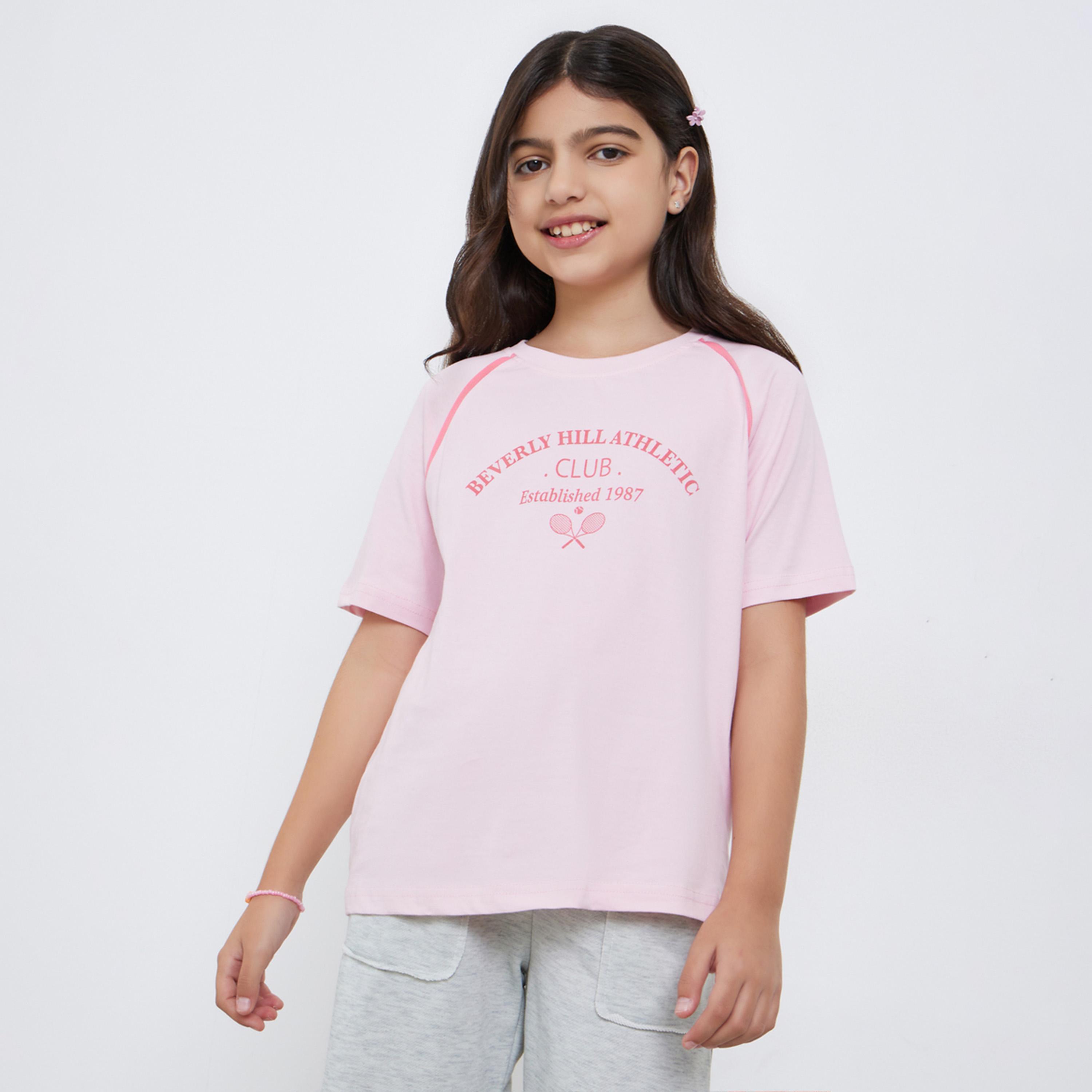Styli Teens Light Pink Beverly Hill Athletic Club Printed Raglan Sleeve T-Shirt-girls-clothing-tshirts-image-1