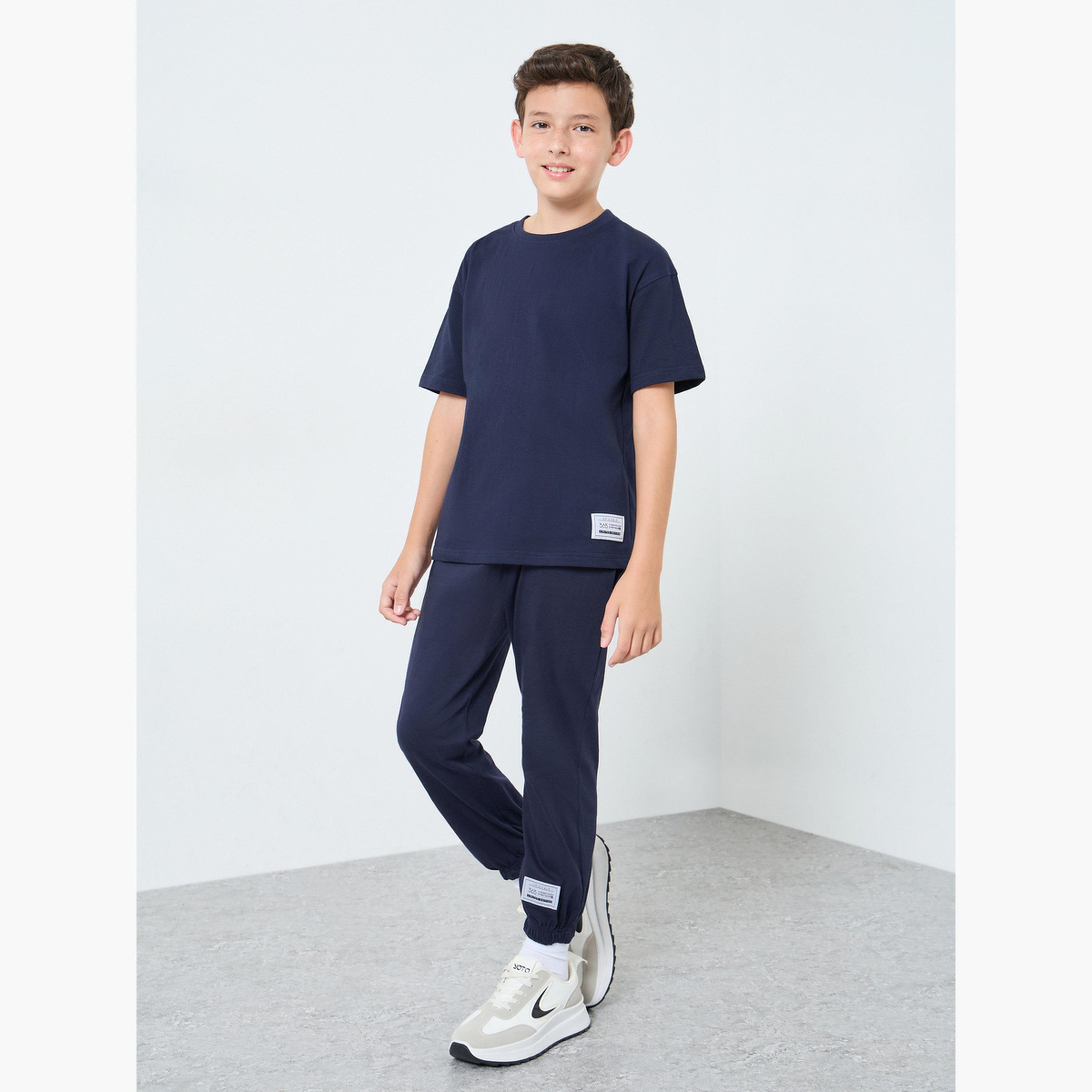 Styli Teens Blue T-Shirt and Badge Detail Joggers Set-boys-clothing-setsandcoords-image-1