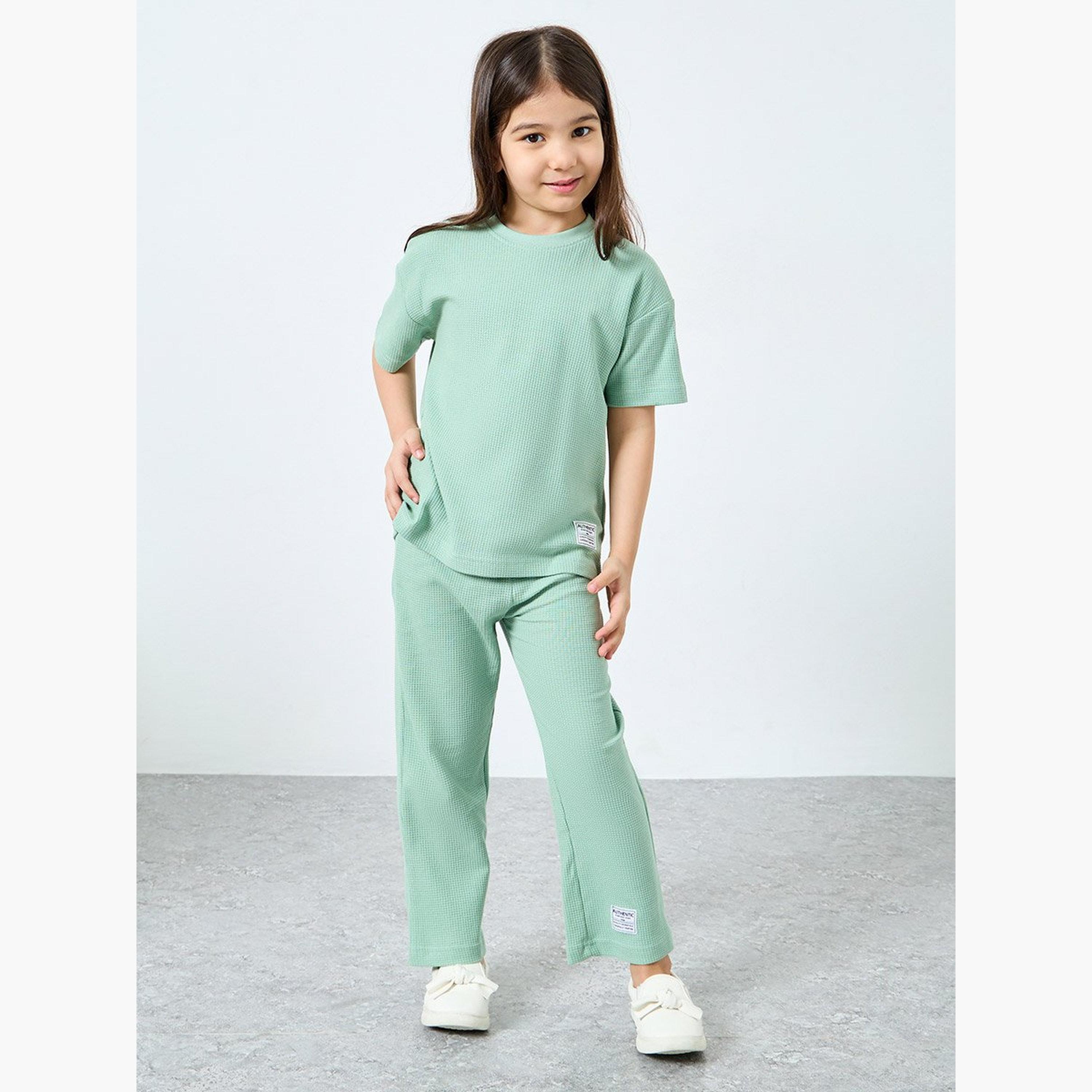 Styli Girls Green Waffle Knit Top and Relaxed Joggers Set-girls-clothing-setsandcoords-image-1