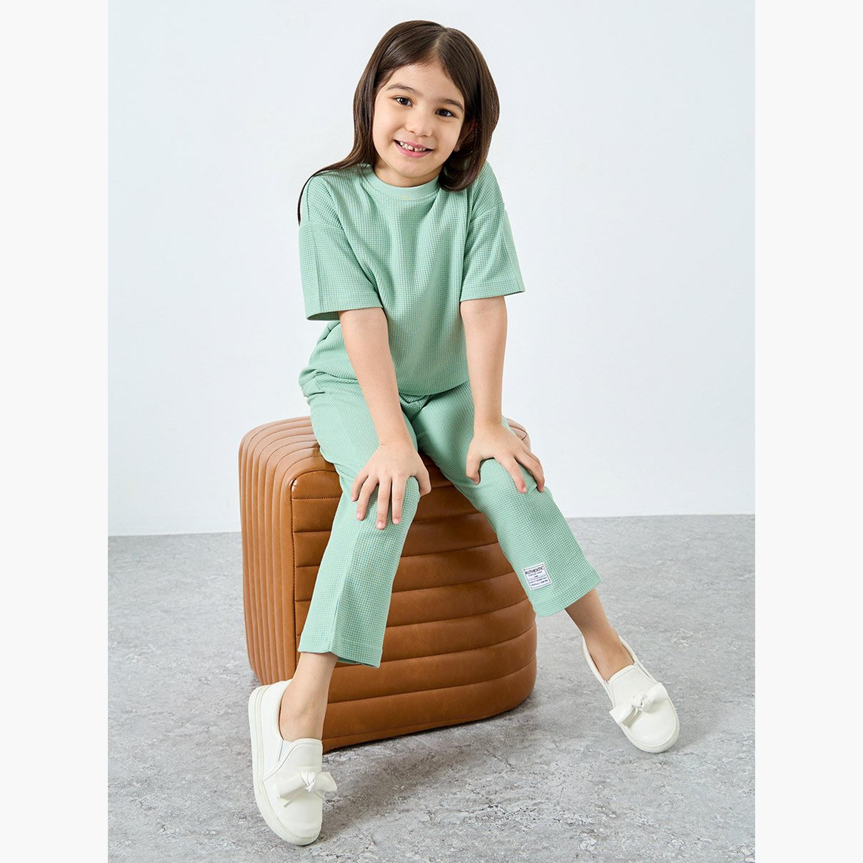 Styli Girls Green Waffle Knit Top and Relaxed Joggers Set-girls-clothing-setsandcoords-image-2