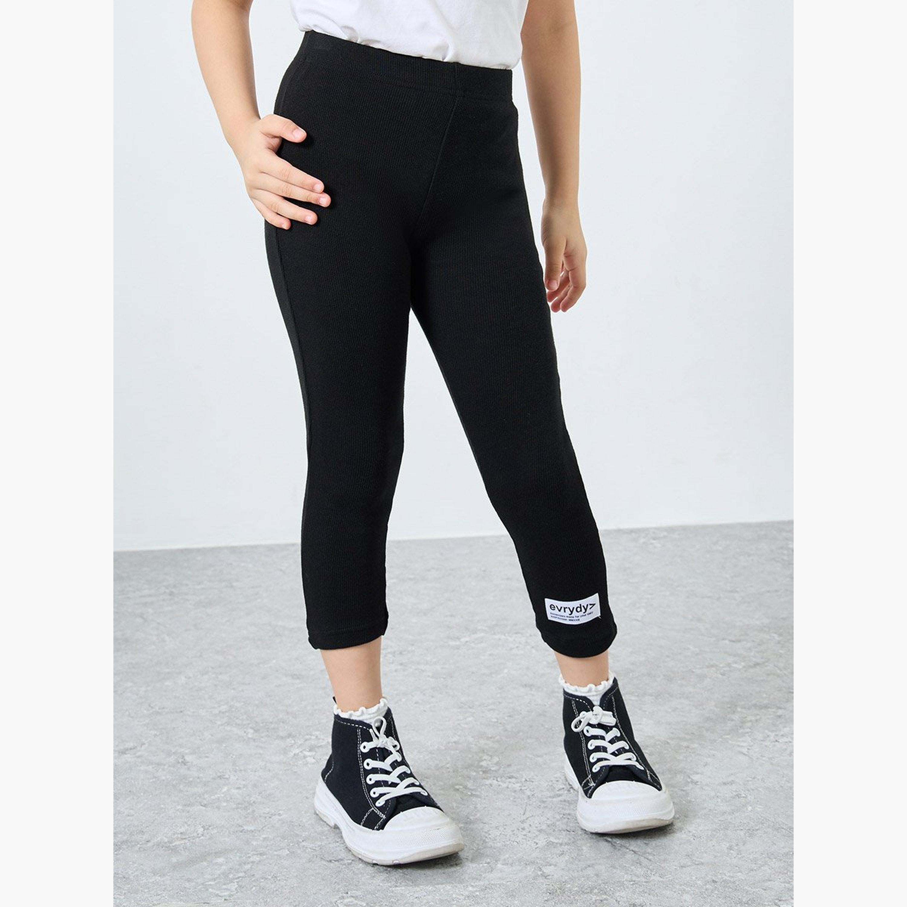 Styli Girls Black Ribbed Leggings with Badge Detail-girls-clothing-bottoms-leggings-image-1