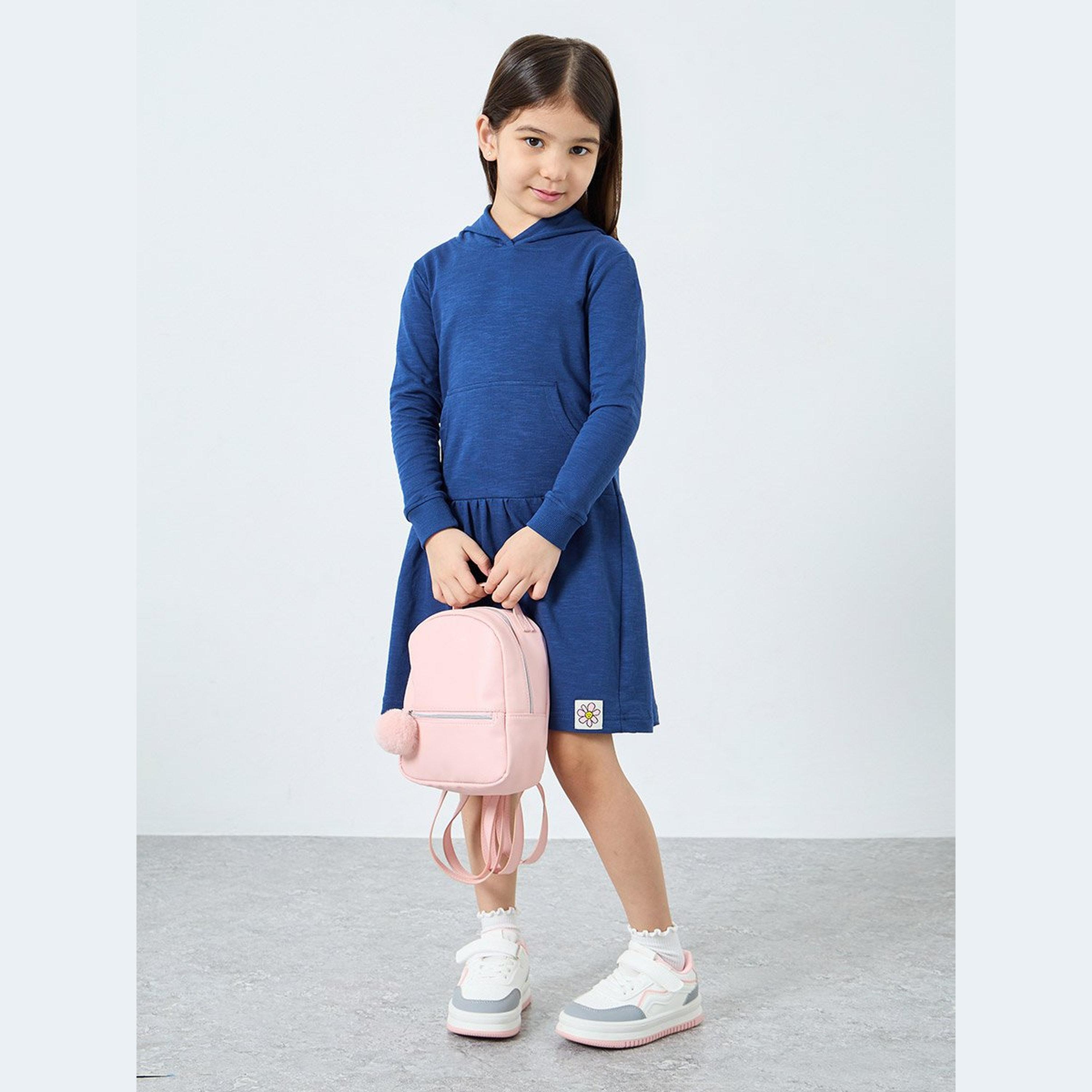 فستان أزرق بياقة هودي وجيب أمامي-girls-clothing-dressesandjumpsuits-image-1