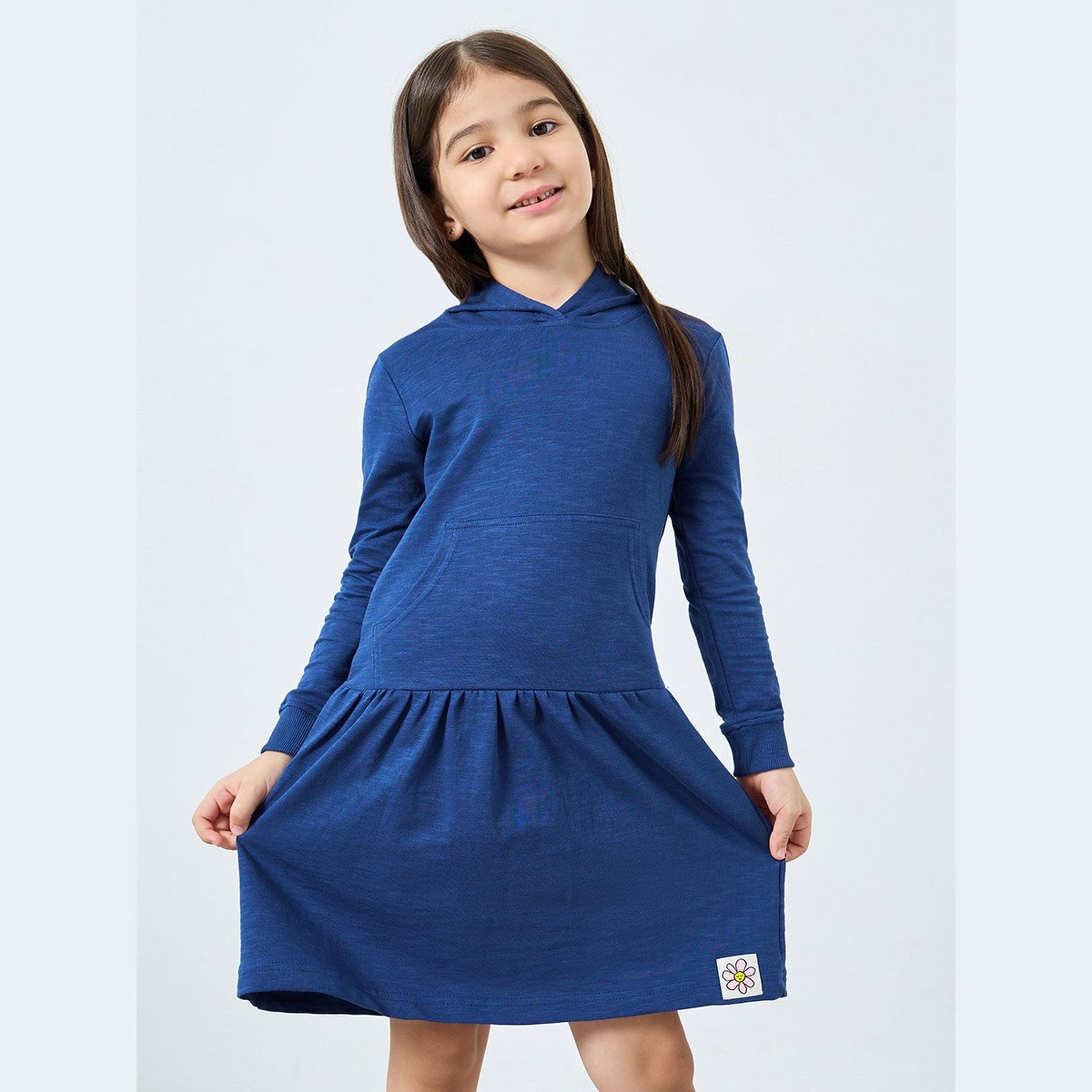 فستان أزرق بياقة هودي وجيب أمامي-girls-clothing-dressesandjumpsuits-image-2