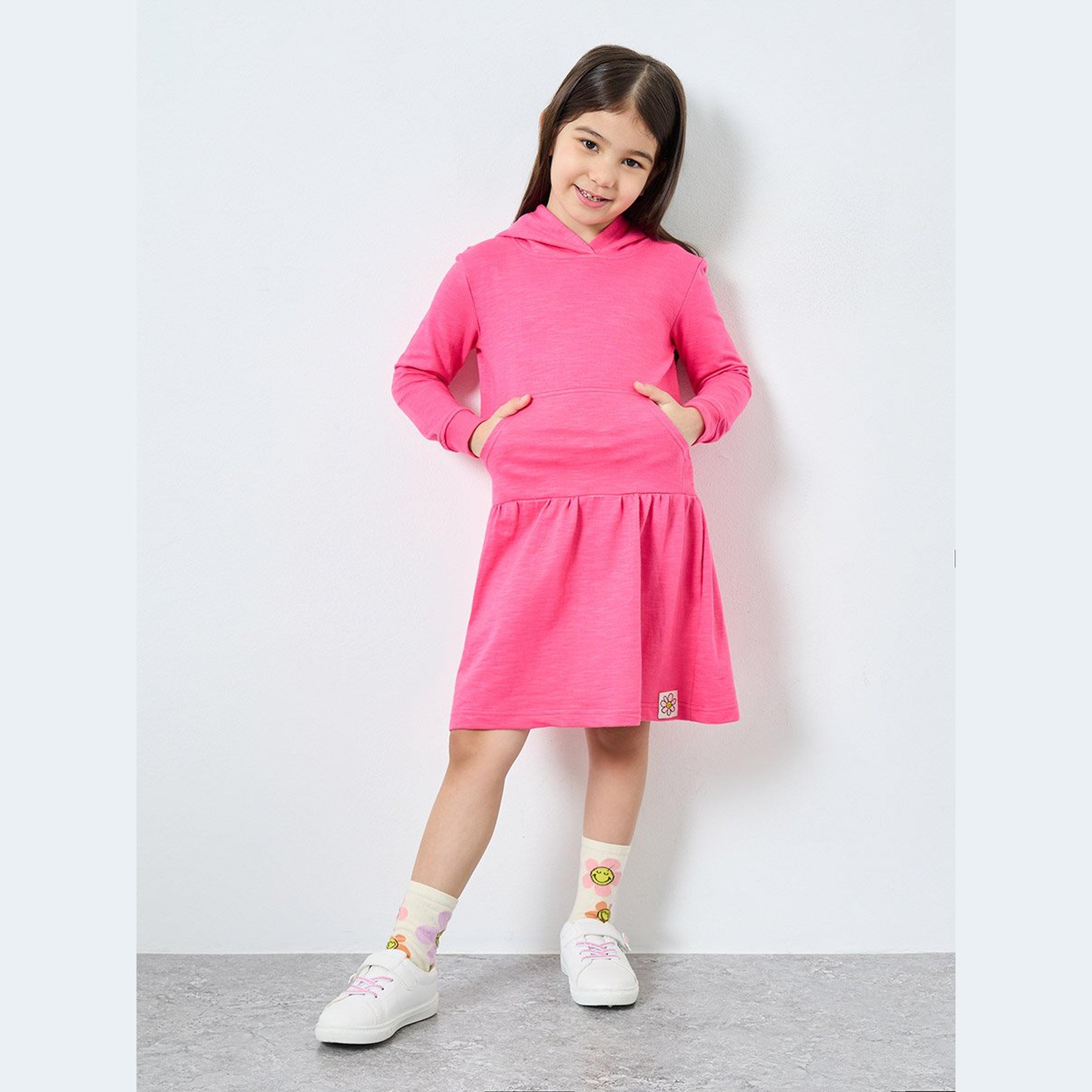Styli Girls Pink Hooded Dress with Front Pocket-girls-clothing-dressesandjumpsuits-image-1