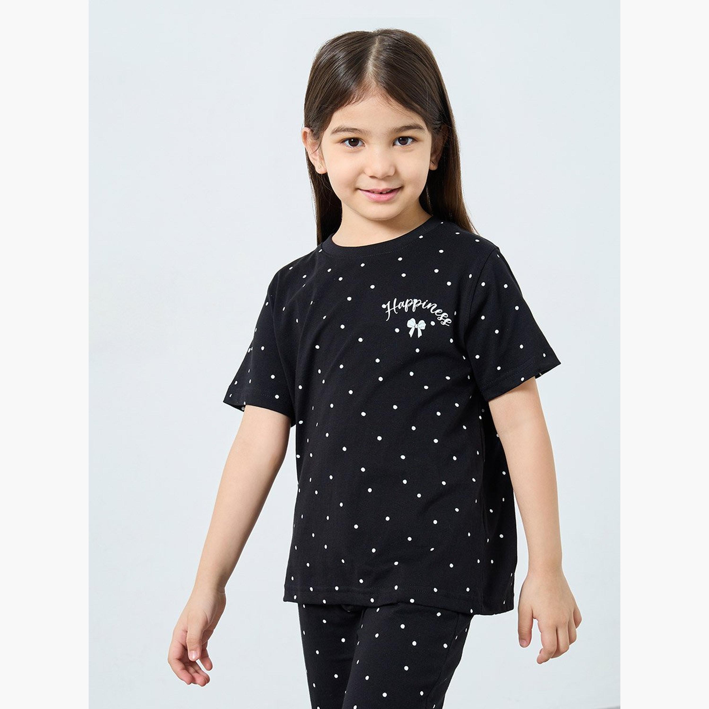 Styli Girls Black Dot Print T-Shirt and Pants Set-girls-clothing-setsandcoords-image-2