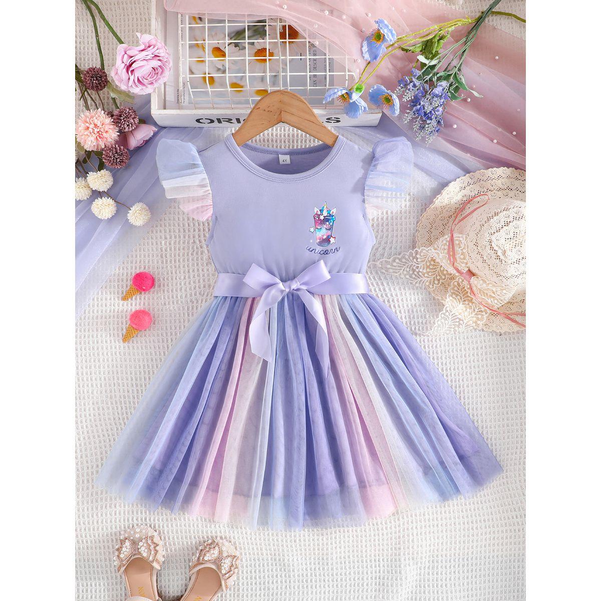 Styli Mesh Insert Bow Detail Dress with Graphic Print-girls-clothing-dressesandjumpsuits-image-1
