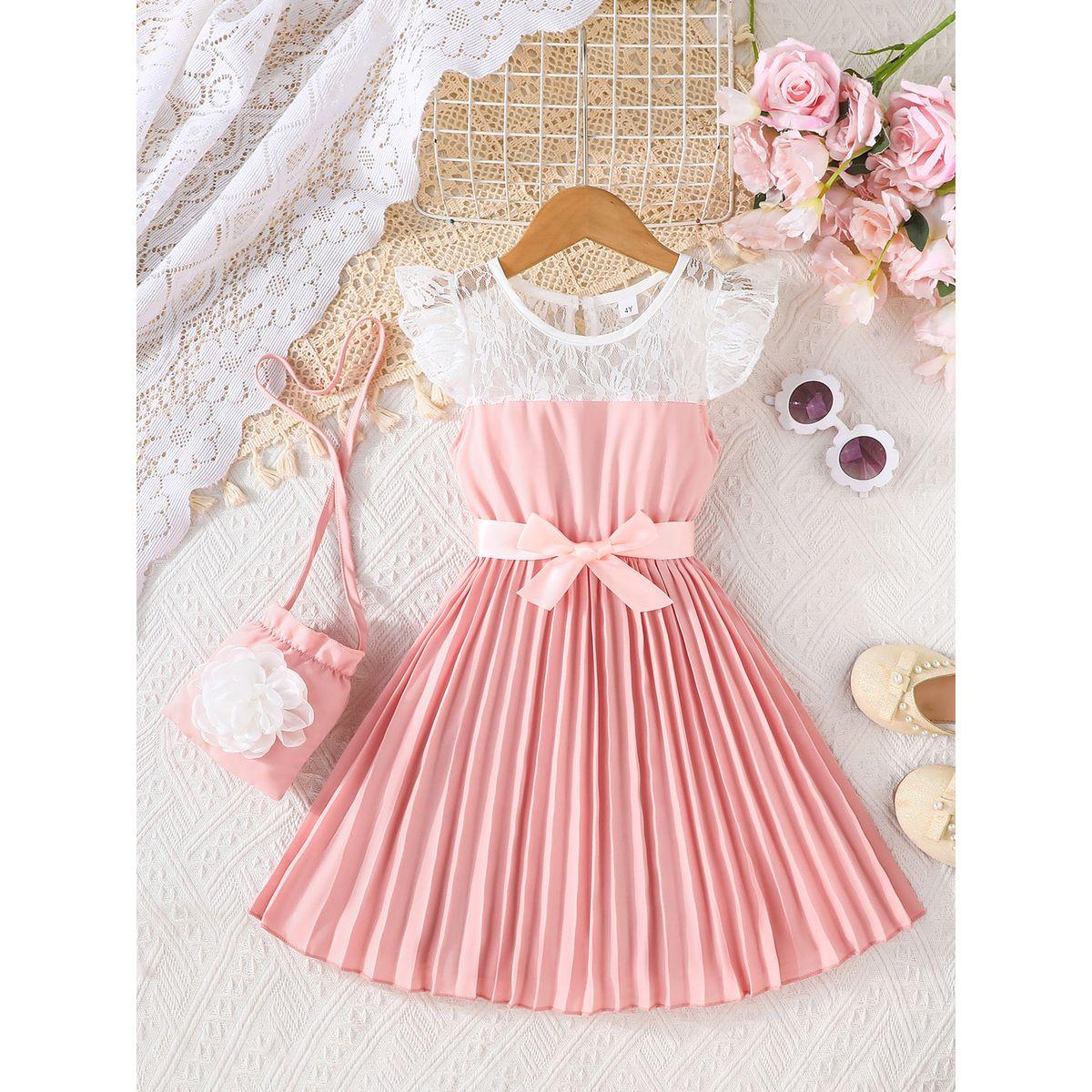 Styli Lace Insert Pleated Dress with Bow Detail-girls-clothing-dressesandjumpsuits-image-1