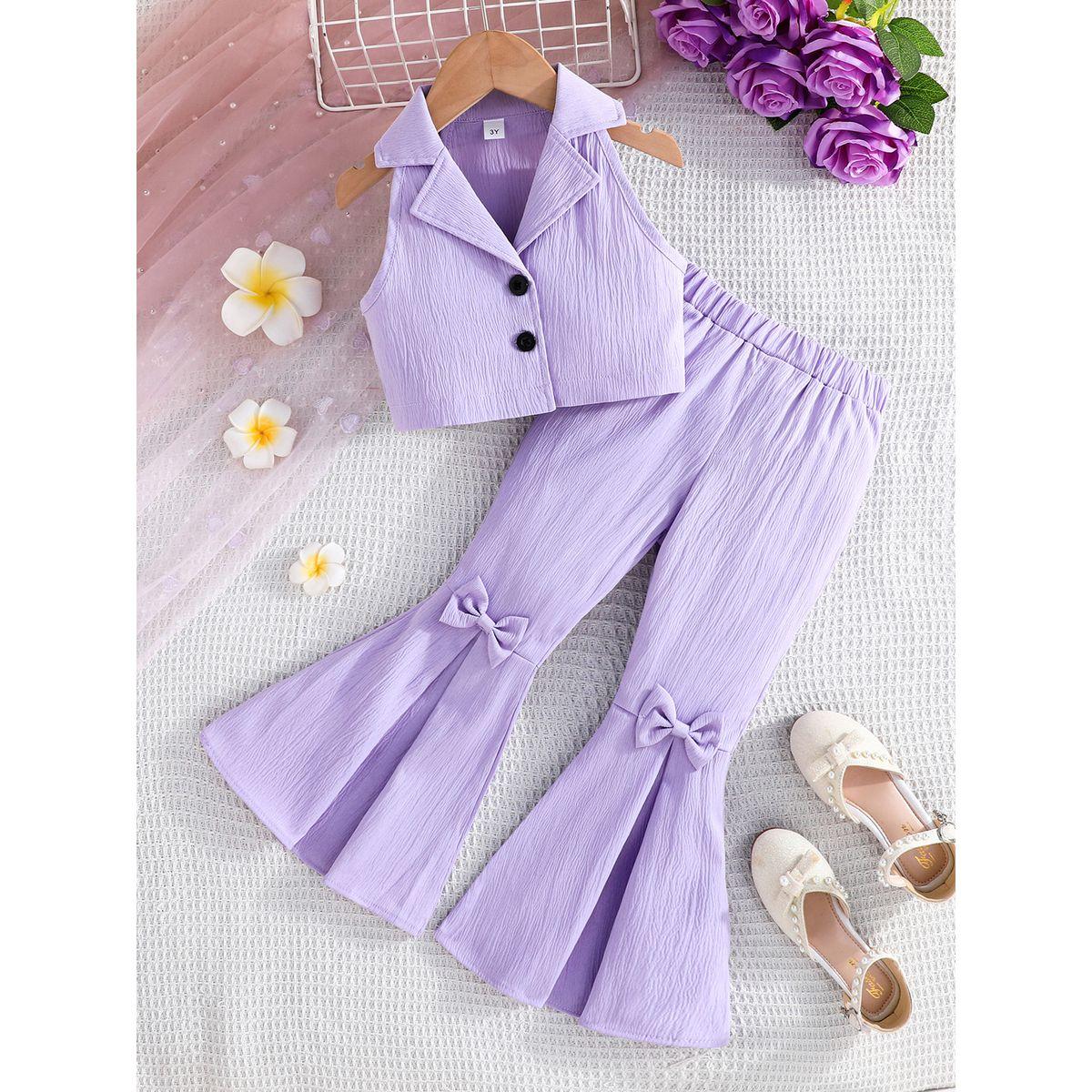 Styli Purple Sleeveless Top and Bow Detail Flared Pants Set-girls-clothing-setsandcoords-image-4