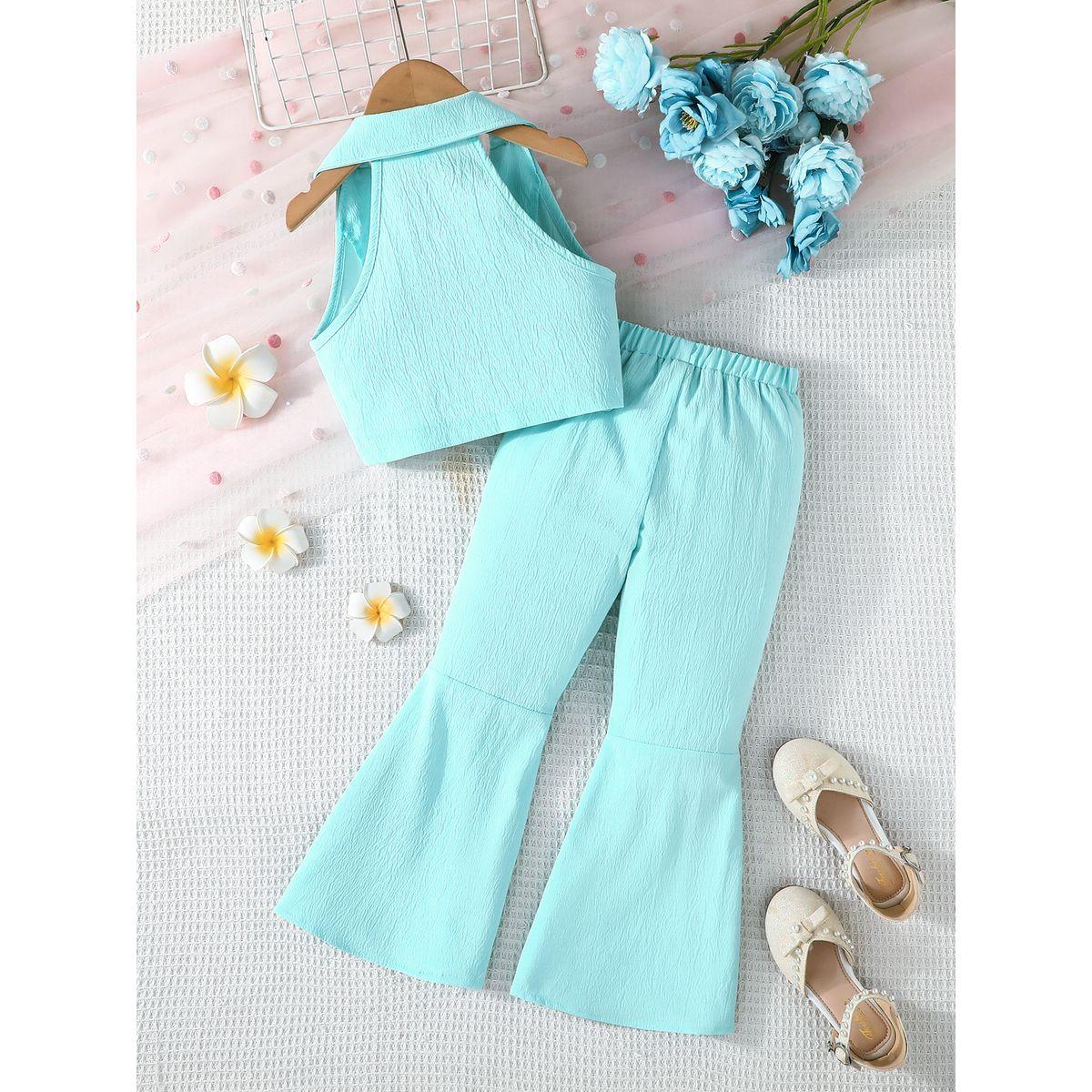 Styli Turquoise Sleeveless Top and Bow Detail Flared Pants Set-girls-clothing-setsandcoords-image-8
