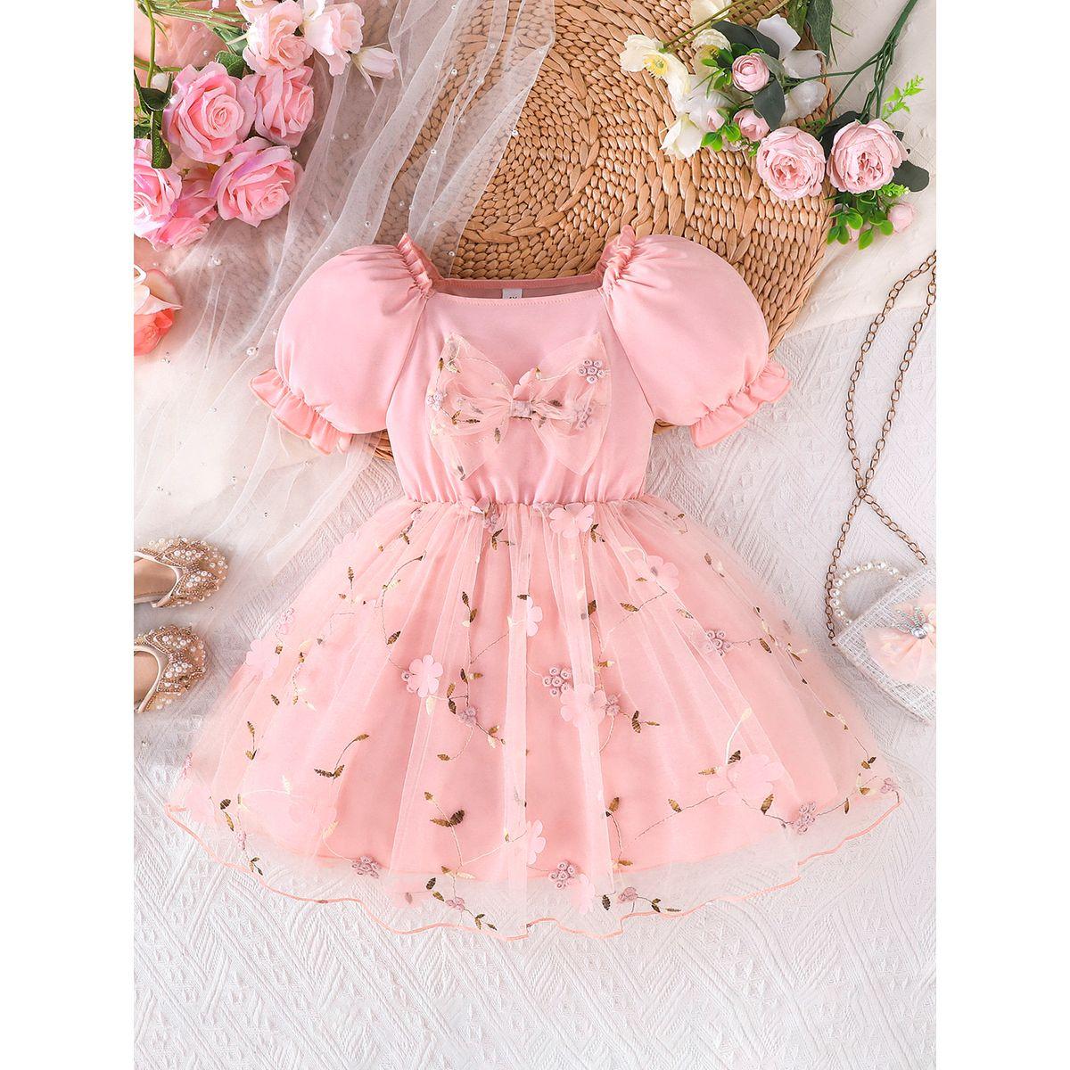 Styli Floral Embroidery Bow Detail Mesh Dress-girls-clothing-dressesandjumpsuits-image-1
