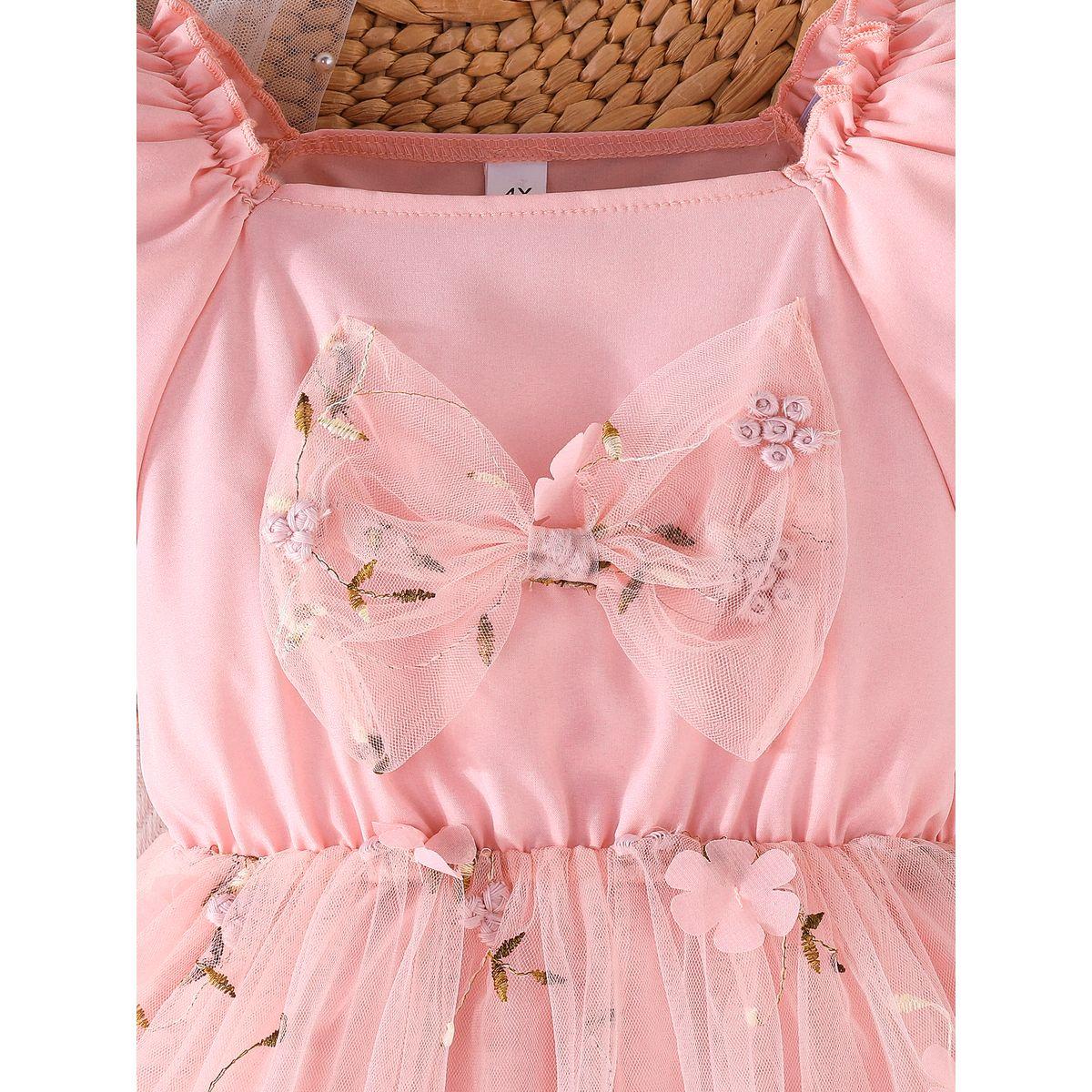 Styli Floral Embroidery Bow Detail Mesh Dress-girls-clothing-dressesandjumpsuits-image-4