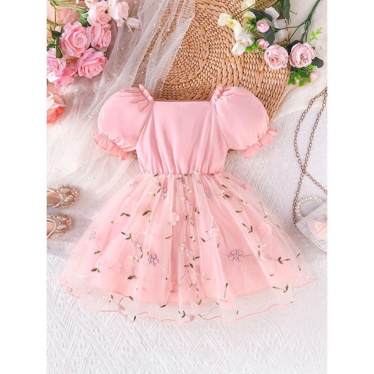 Styli Floral Embroidery Bow Detail Mesh Dress-girls-clothing-dressesandjumpsuits-image-6
