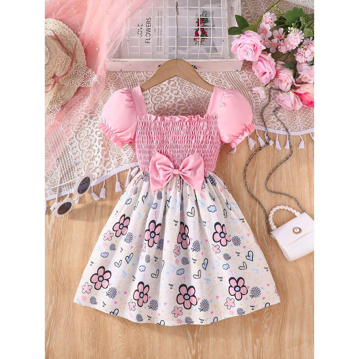 فستان بأكمام منفوخة وطبعة زهور-girls-clothing-dressesandjumpsuits-image-1