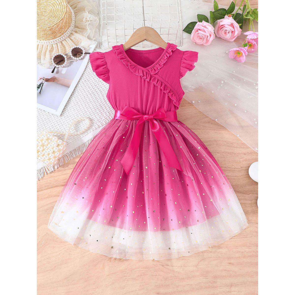 Styli Pink Bow Detail Embellished Mesh Dress-girls-clothing-dressesandjumpsuits-image-1