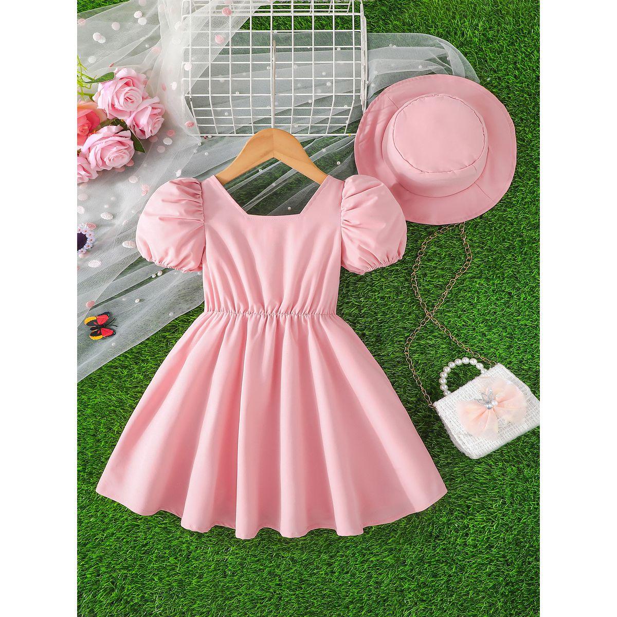 فستان بأكمام منفوخة مع كسرات وقبعة-girls-clothing-dressesandjumpsuits-image-2