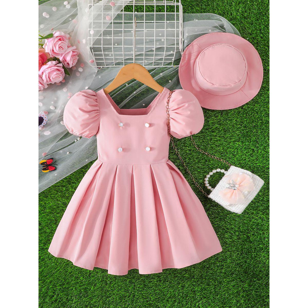 فستان بأكمام منفوخة مع كسرات وقبعة-girls-clothing-dressesandjumpsuits-image-3