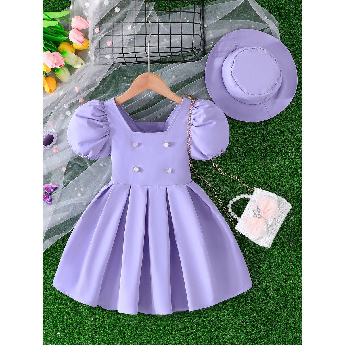 فستان بأكمام منفوخة مع كسرات وقبعة-girls-clothing-dressesandjumpsuits-image-1
