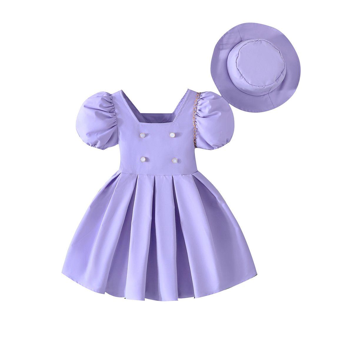 فستان بأكمام منفوخة مع كسرات وقبعة-girls-clothing-dressesandjumpsuits-image-2