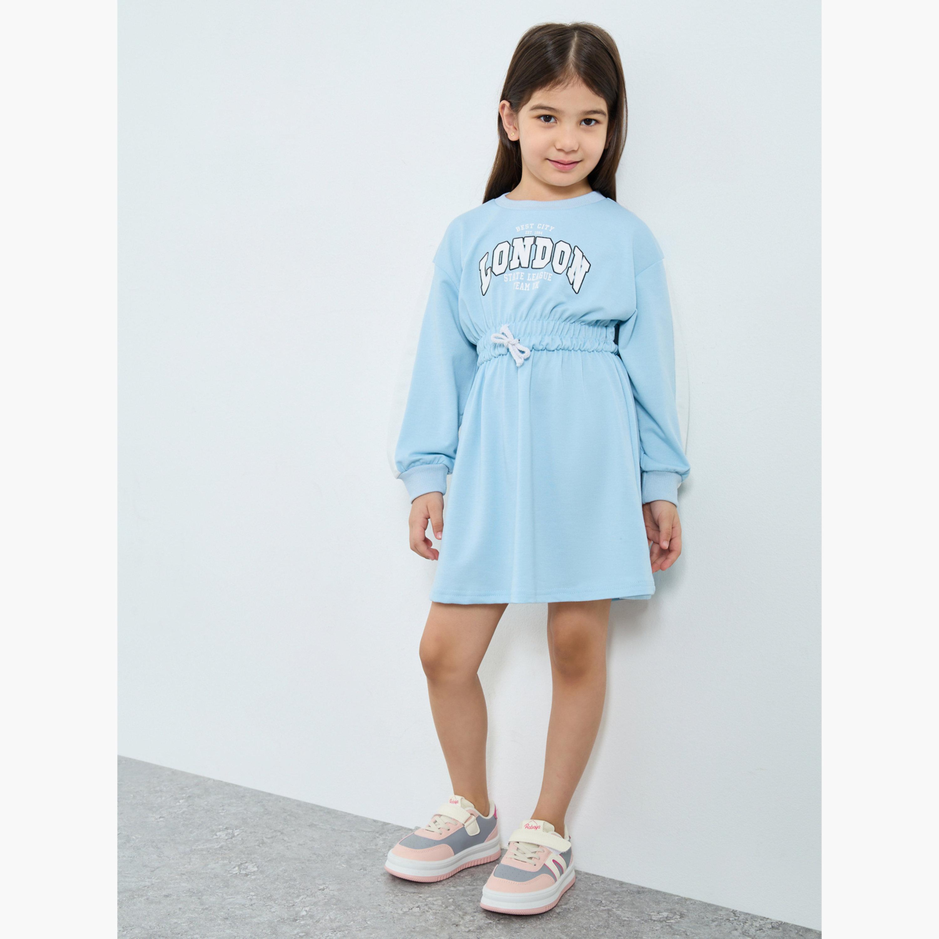 ستايلي - فستان سويت شيرت مطبوع أزرق فاتح للبنات-girls-clothing-dressesandjumpsuits-image-2