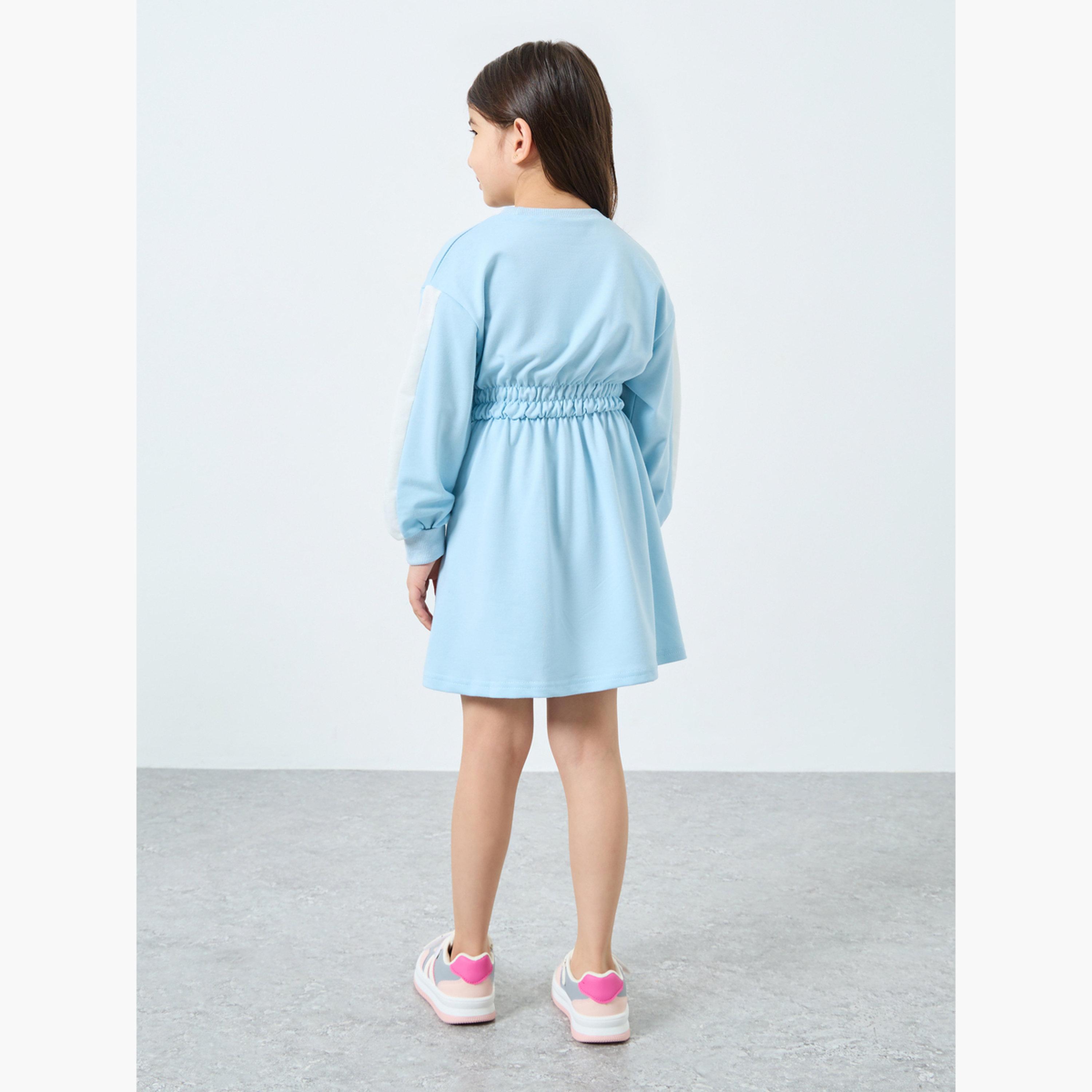 ستايلي - فستان سويت شيرت مطبوع أزرق فاتح للبنات-girls-clothing-dressesandjumpsuits-image-3