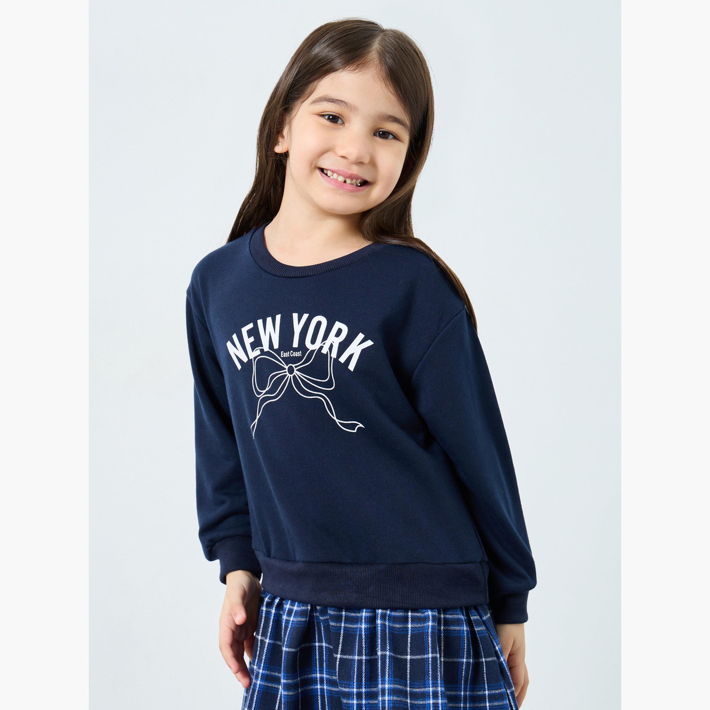Styli Girls Navy Blue Plaid Knee-Length Dress with New York - East Coast Print-girls-clothing-dressesandjumpsuits-image-2
