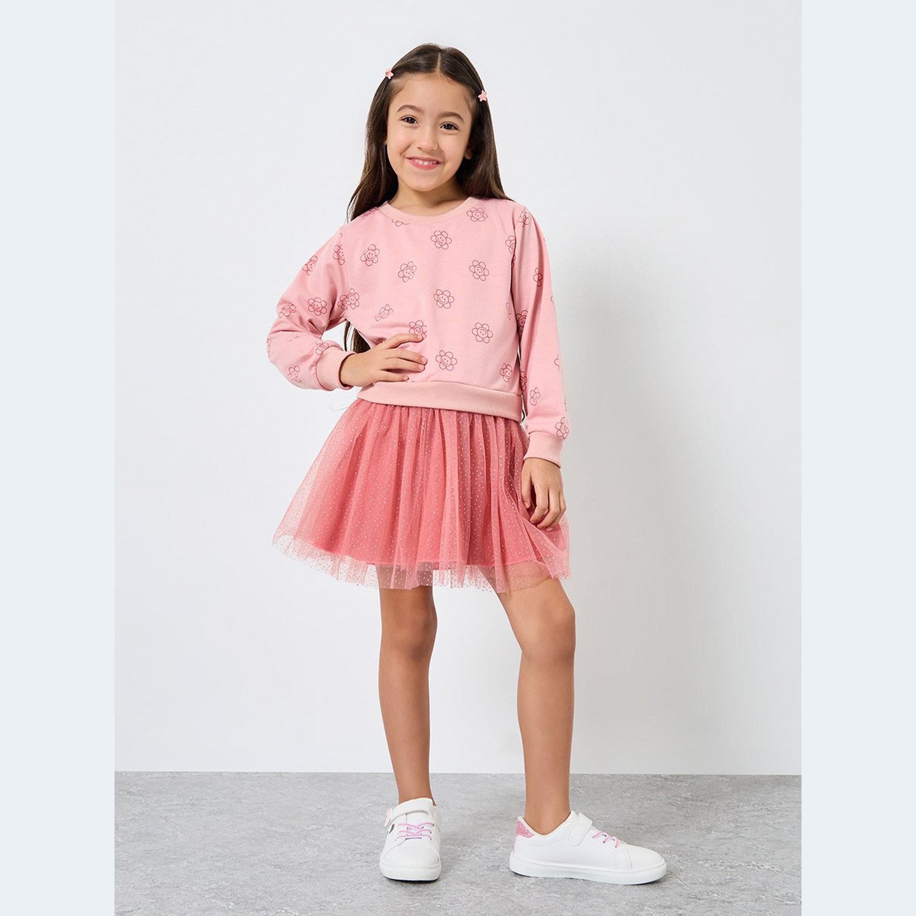 فستان بطبعة زهور مع تداخلات تُل-girls-clothing-dressesandjumpsuits-image-1