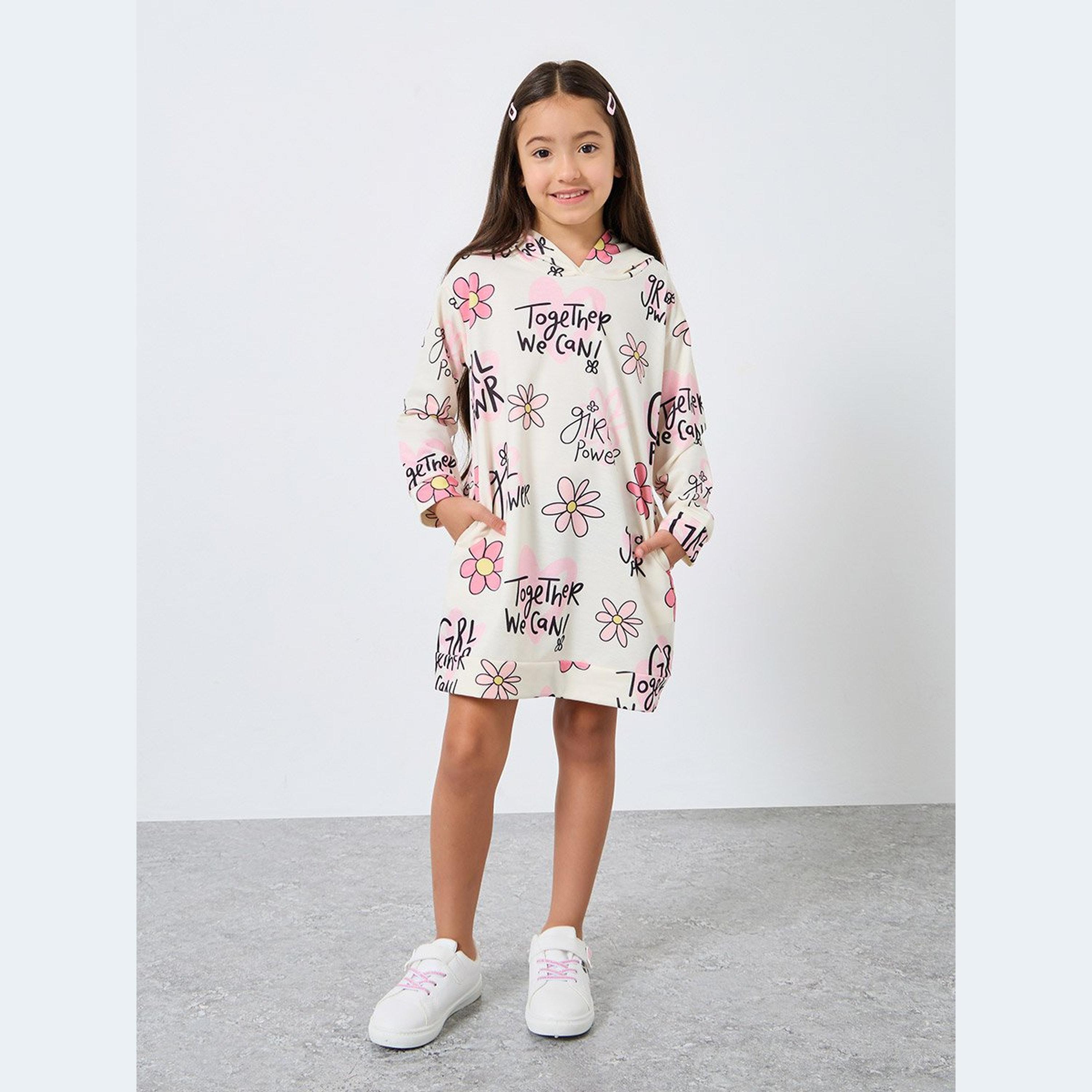 Styli Girls Beige Floral Print Hooded Sweatshirt Dress-girls-clothing-dressesandjumpsuits-image-1