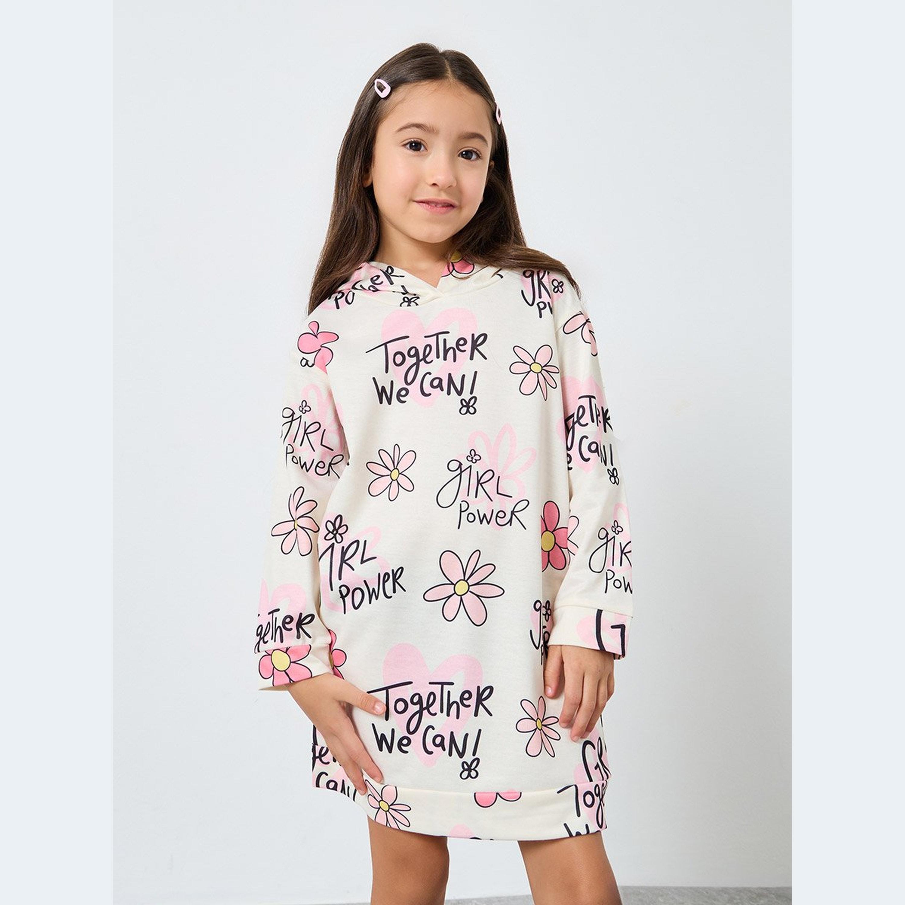 Styli Girls Beige Floral Print Hooded Sweatshirt Dress-girls-clothing-dressesandjumpsuits-image-2