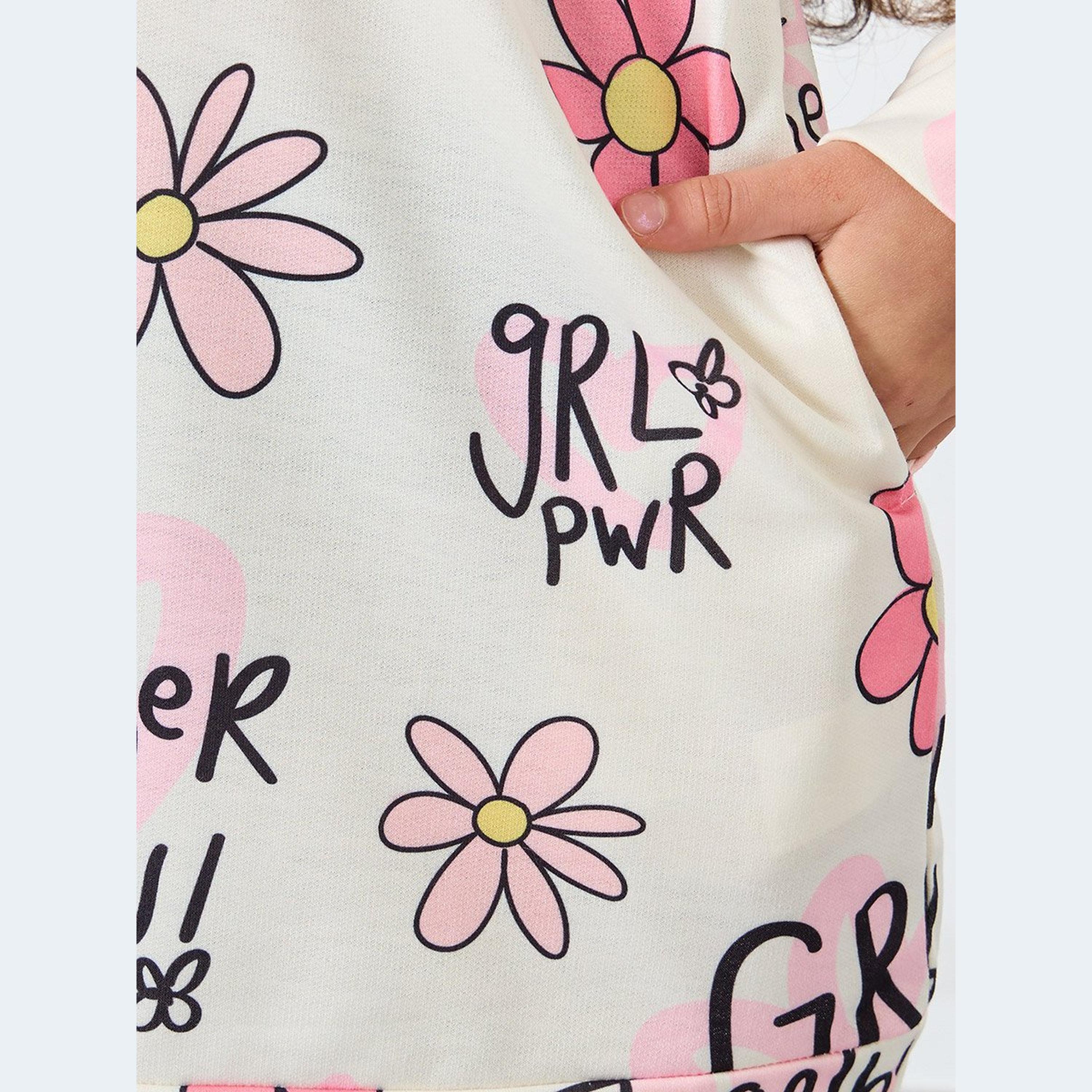 Styli Girls Beige Floral Print Hooded Sweatshirt Dress-girls-clothing-dressesandjumpsuits-image-3
