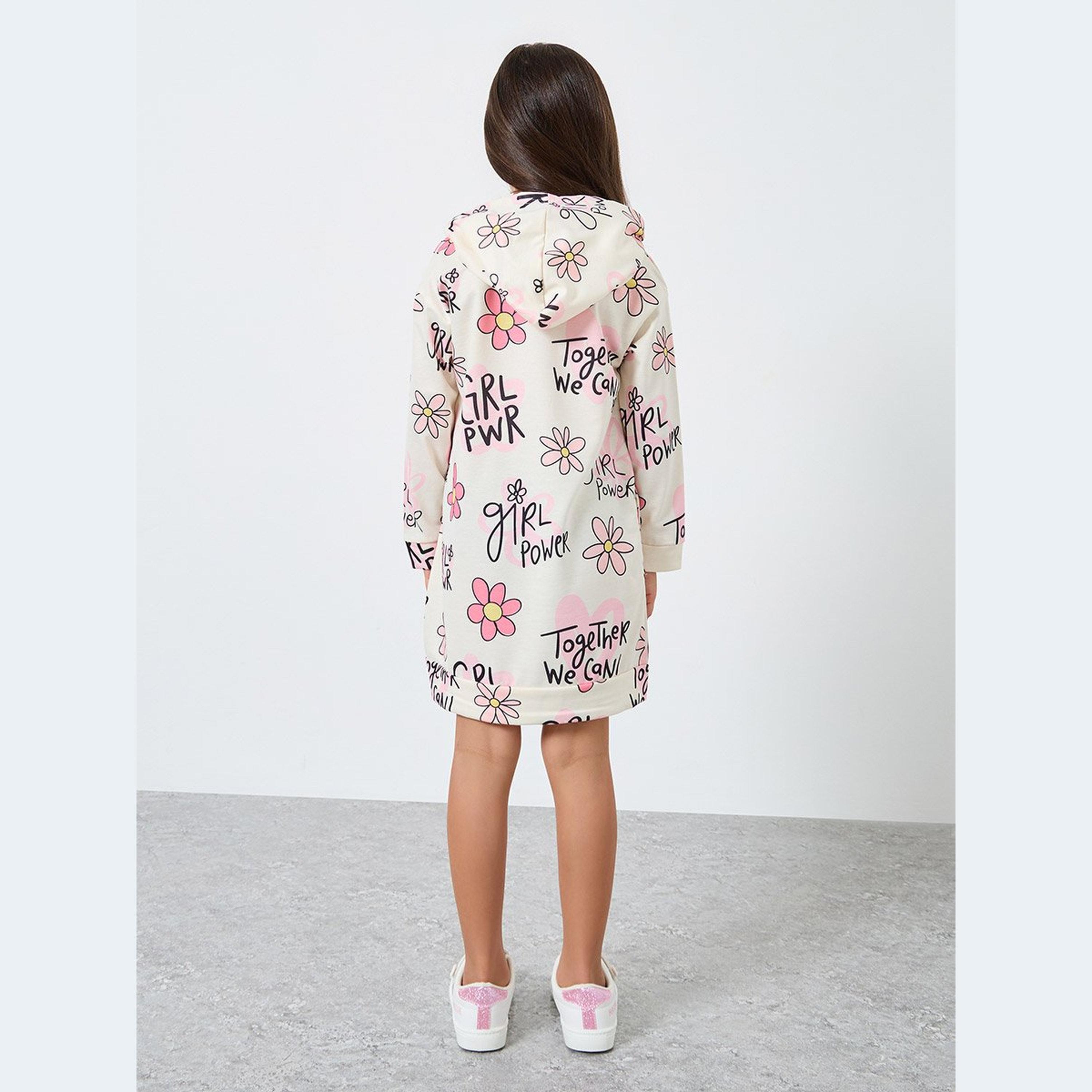 Styli Girls Beige Floral Print Hooded Sweatshirt Dress-girls-clothing-dressesandjumpsuits-image-4