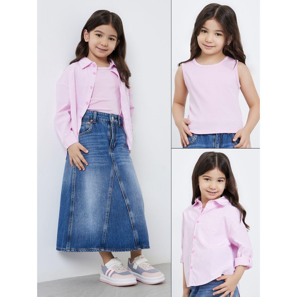 Styli Pack of 2 - Girls Pink Striped Shirt and Rib Tank-girls-clothing-blousesandshirts-image-1