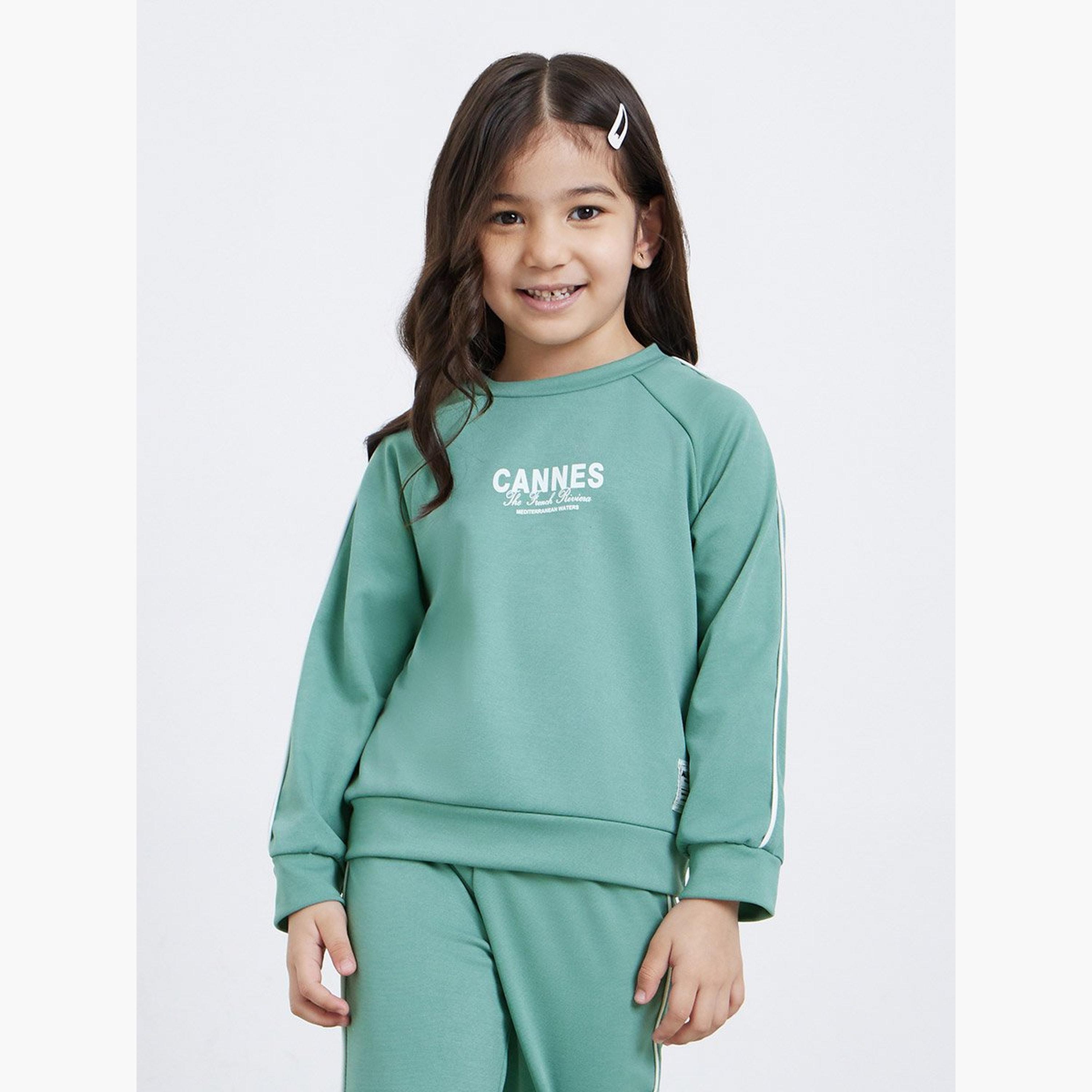 Styli Girls Green Printed Sweatshirt and Pants Set-girls-clothing-setsandcoords-image-2
