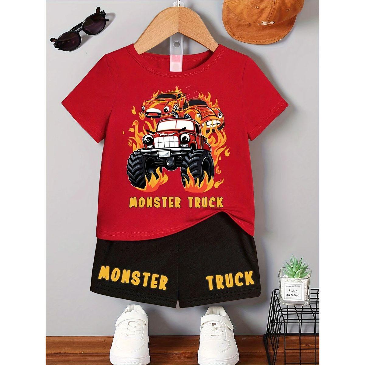Styli Boys Red Monster Truck Graphic T-Shirt and Shorts Set-boys-clothing-setsandcoords-image-1