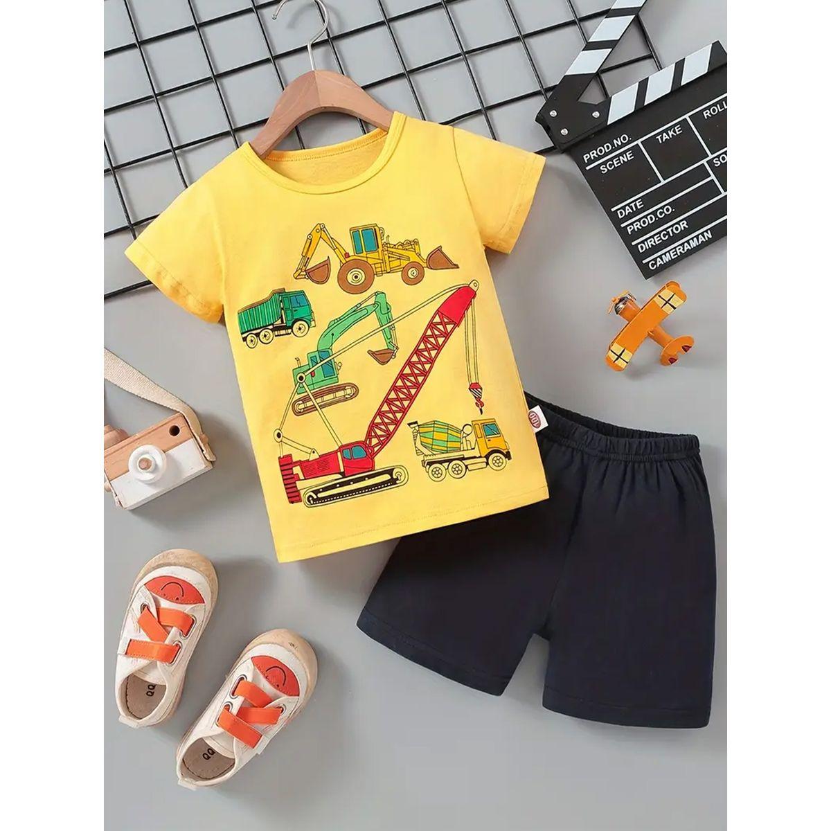 Styli Boys Yellow Vehicle Graphic T-Shirt and Shorts Set-boys-clothing-setsandcoords-image-1