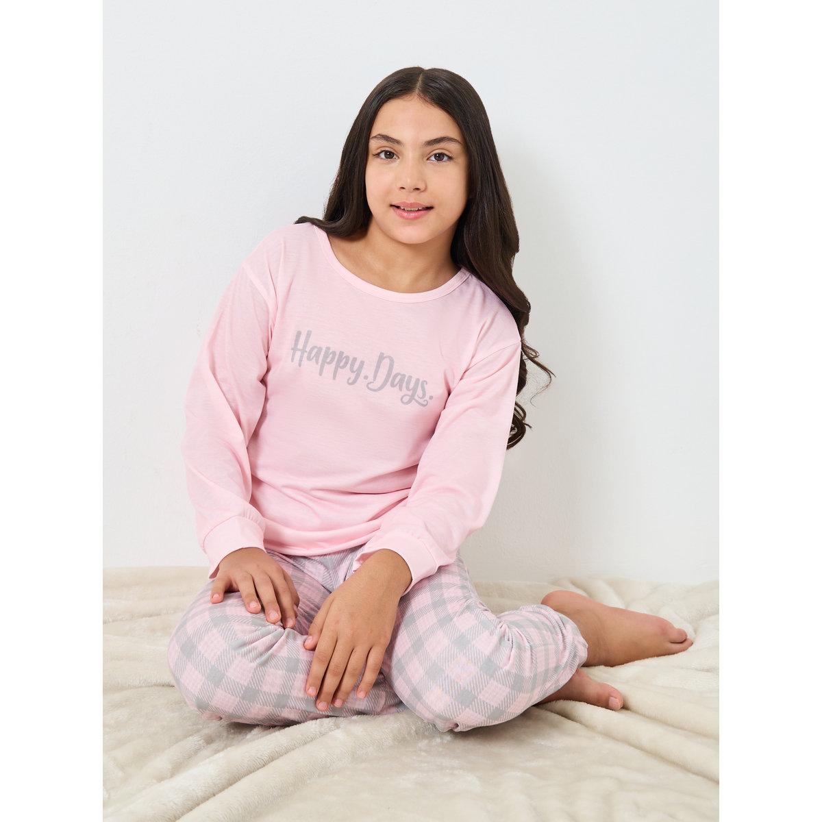 Styli Teen Pink Top and Checkered Pyjama Set-girls-clothing-nightwear-image-1