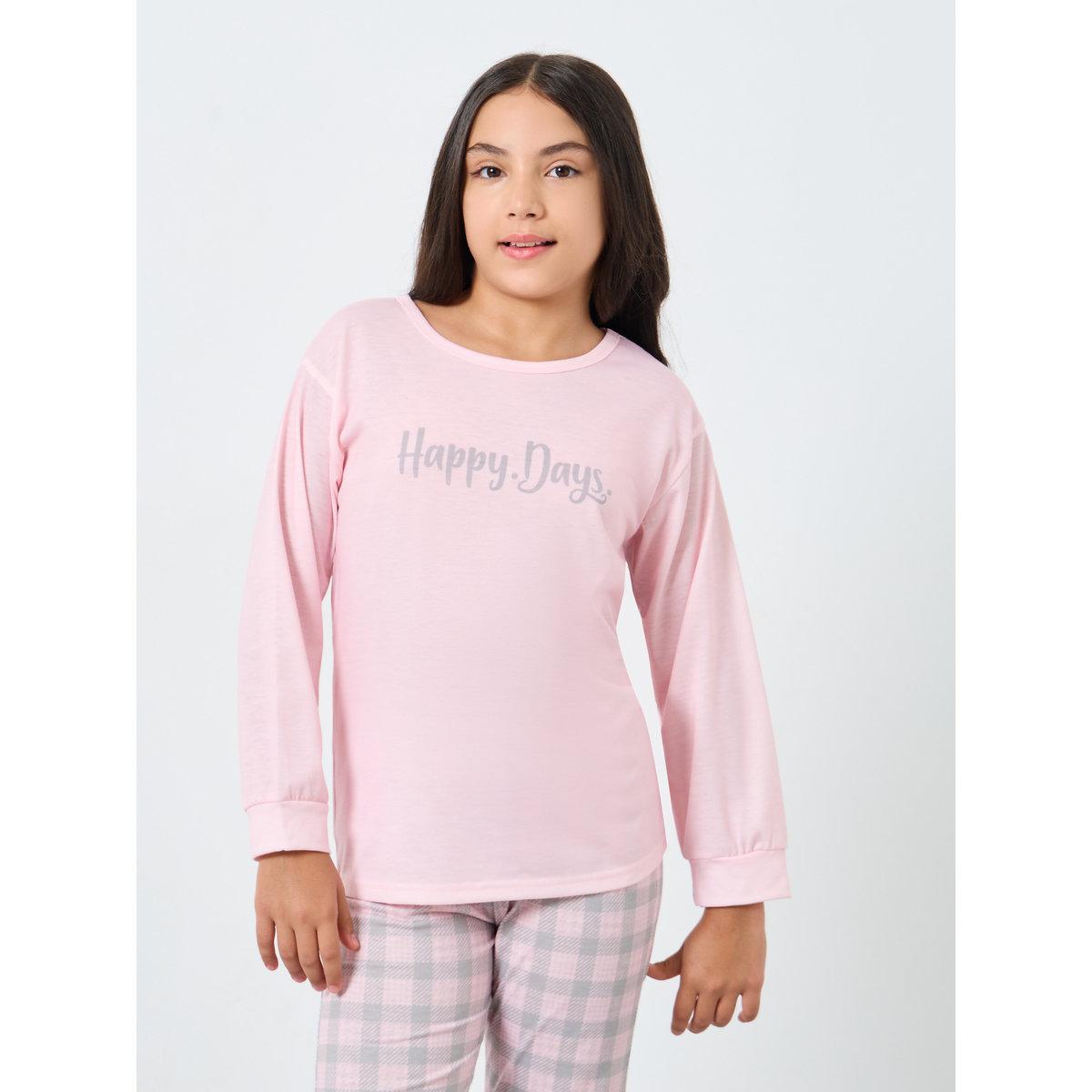 طقم من بنطال بيجاما بطبعة مربعات مع بلوزة-girls-clothing-nightwear-image-3