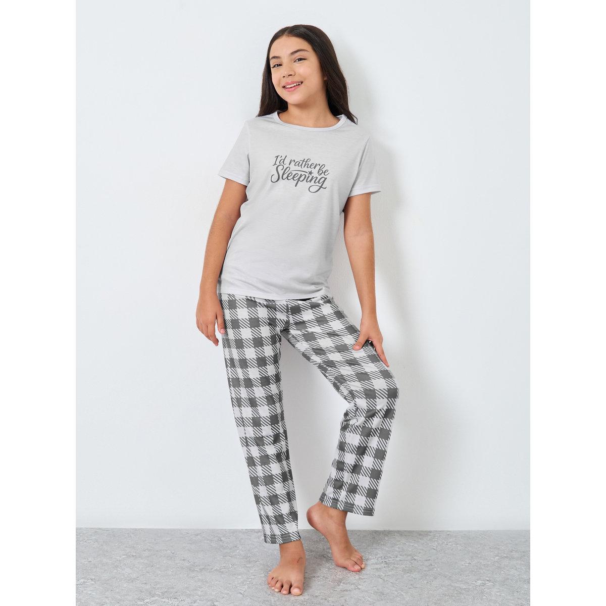 Styli Teen Grey Slogan T-Shirt and Checked Pyjama Set-girls-clothing-nightwear-image-1