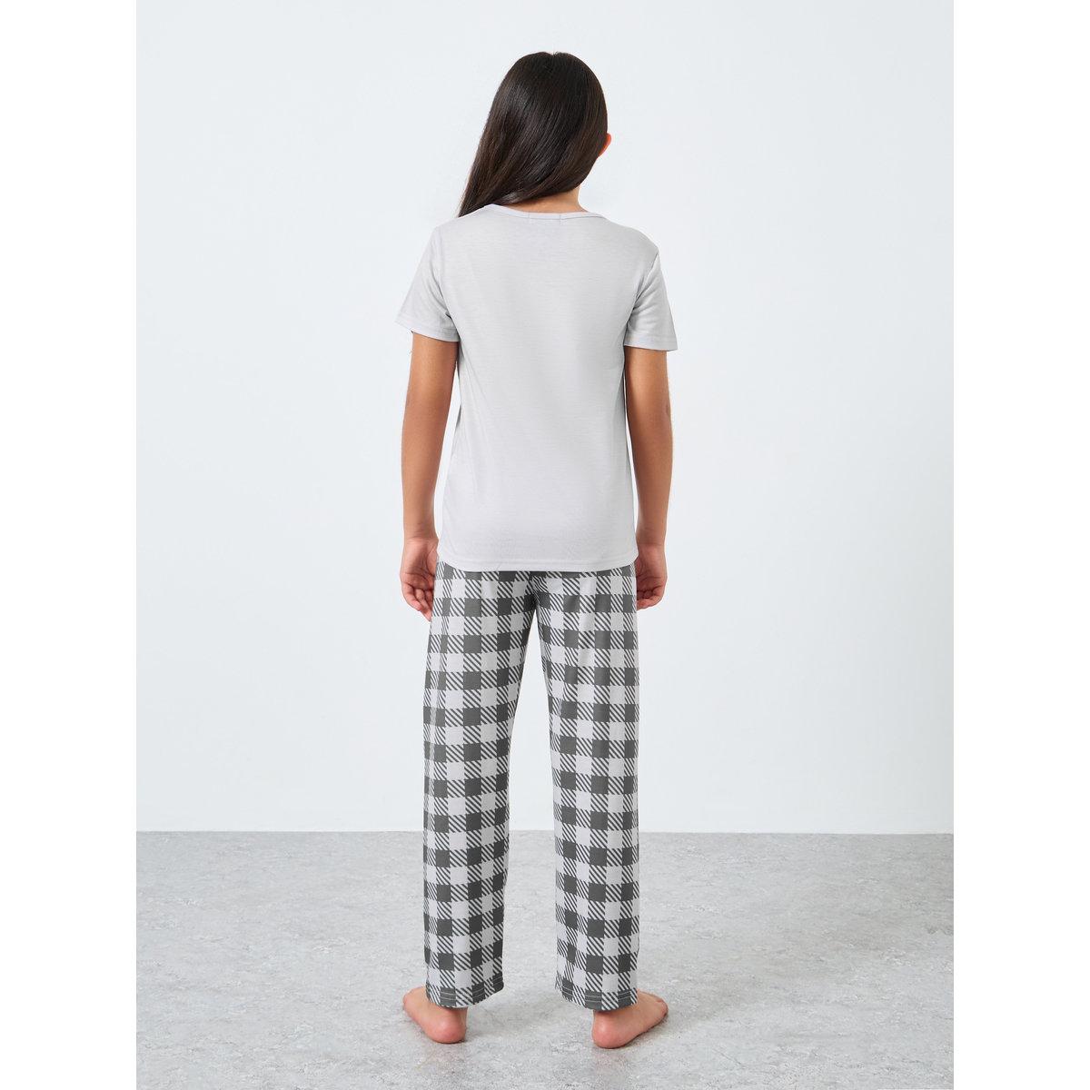 Styli Teen Grey Slogan T-Shirt and Checked Pyjama Set-girls-clothing-nightwear-image-4