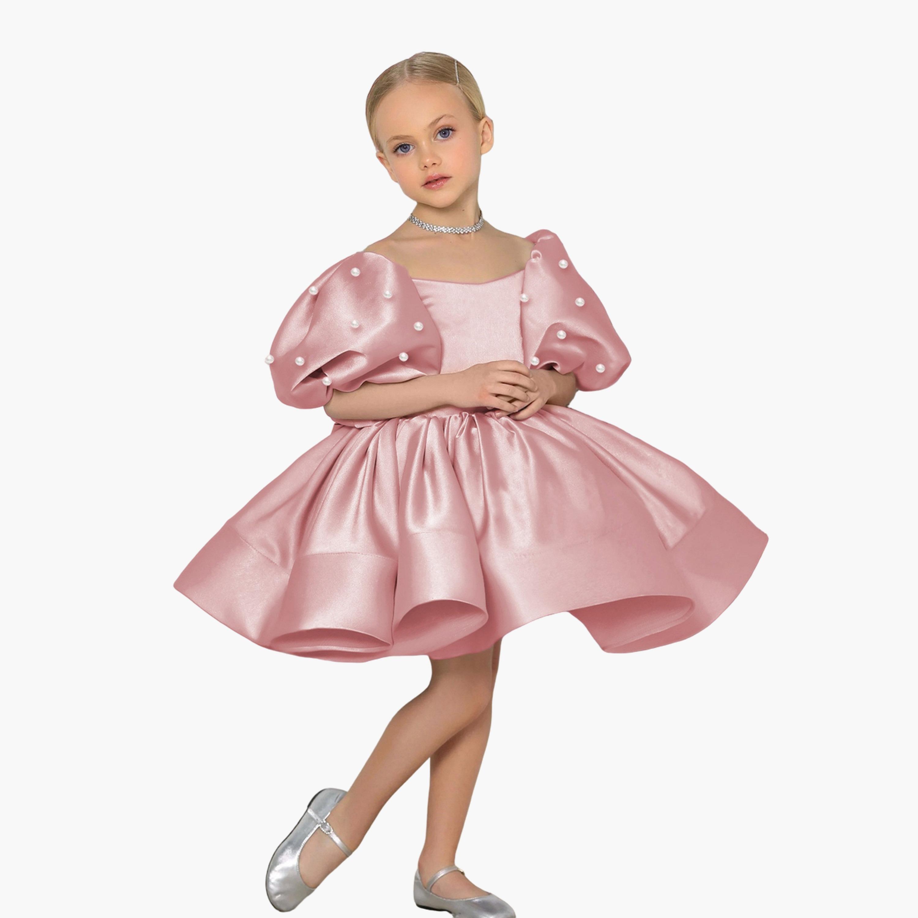 Take Two Girls Pink Satin Puff Sleeve Faux Pearls Detail Dress-girls-clothing-dressesandjumpsuits-image-1