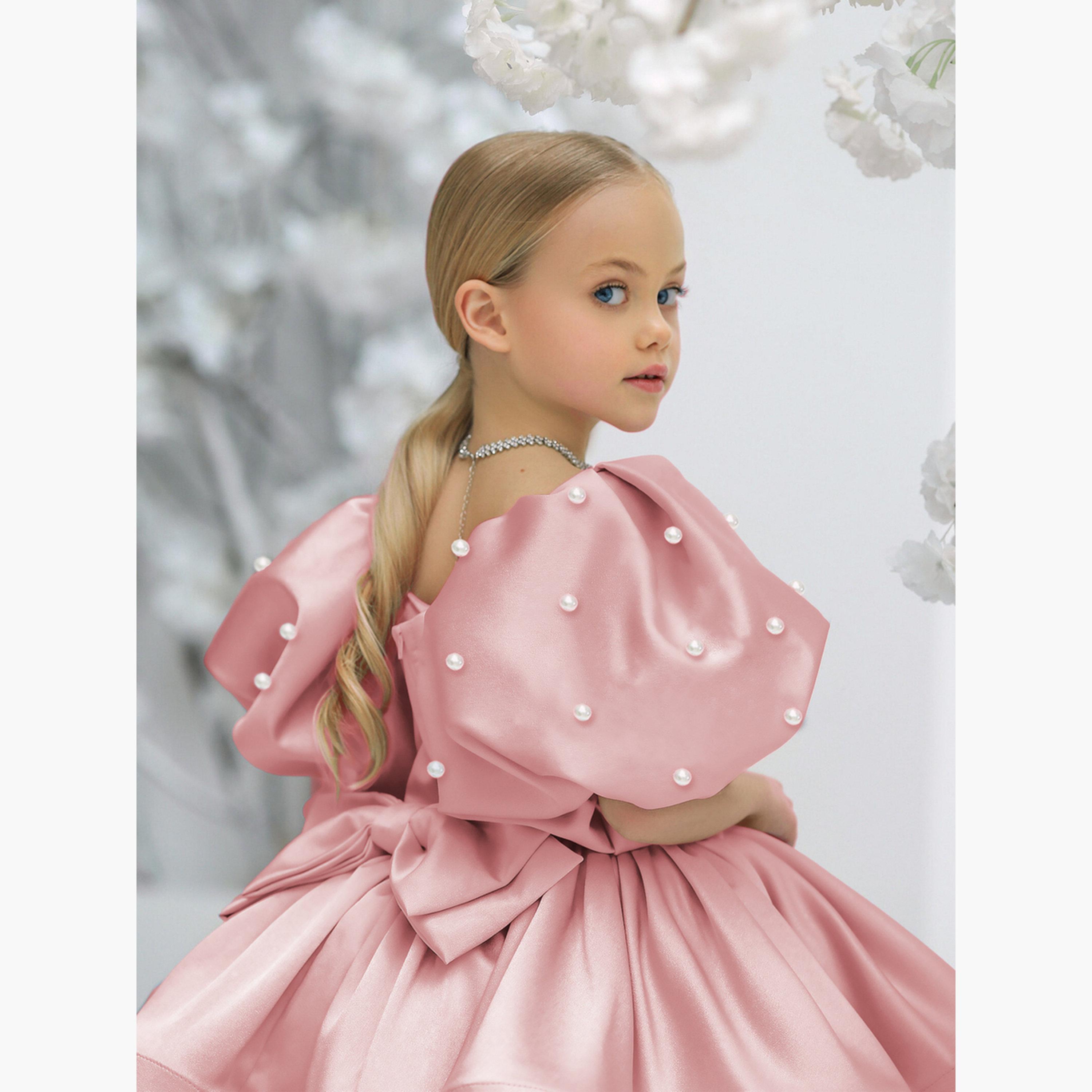 Take Two Girls Pink Satin Puff Sleeve Faux Pearls Detail Dress-girls-clothing-dressesandjumpsuits-image-3