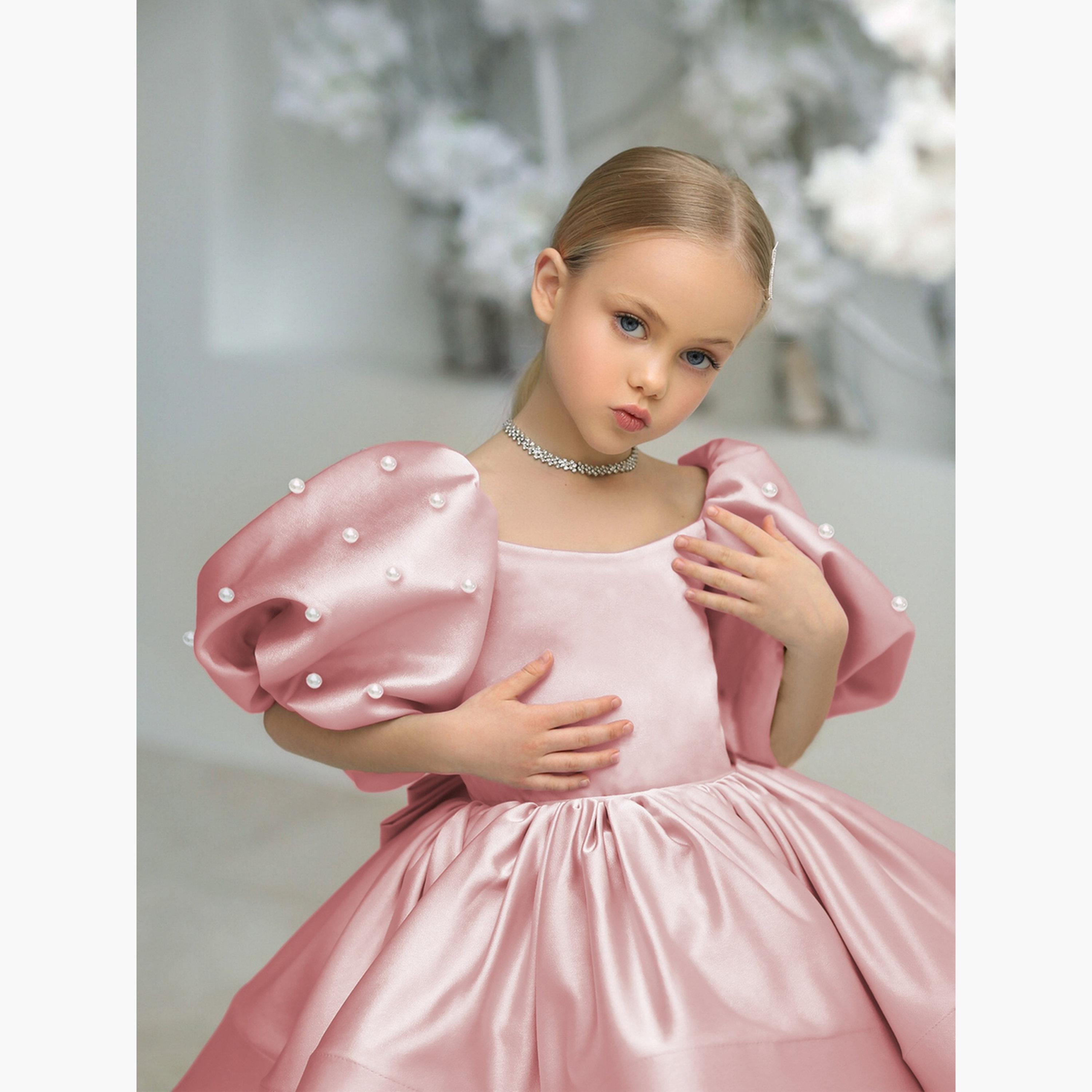 Take Two Girls Pink Satin Puff Sleeve Faux Pearls Detail Dress-girls-clothing-dressesandjumpsuits-image-4