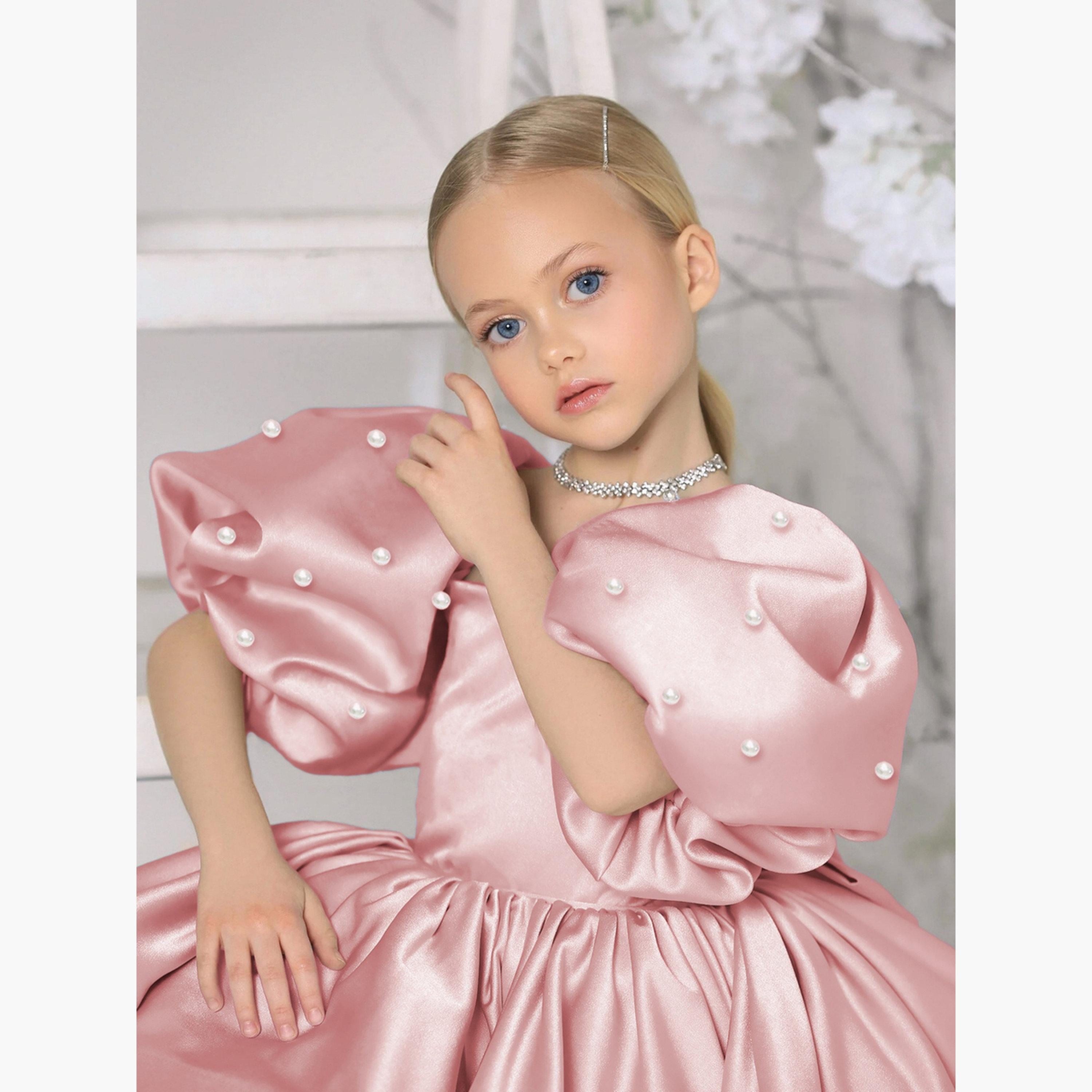 فستان ساتان وردي بأكمام منفوخة وتفاصيل لؤلؤ صناعي-girls-clothing-dressesandjumpsuits-image-5