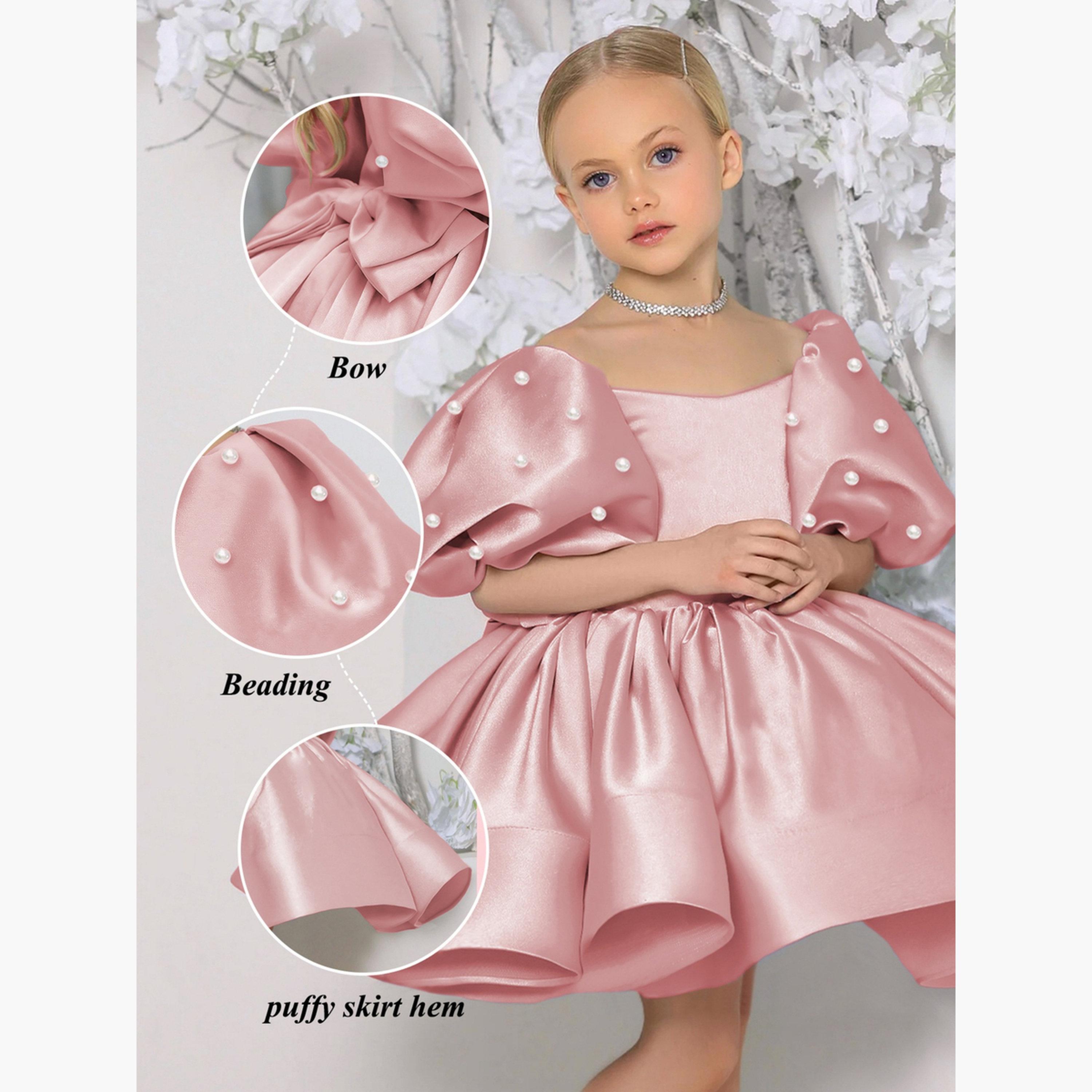 Take Two Girls Pink Satin Puff Sleeve Faux Pearls Detail Dress-girls-clothing-dressesandjumpsuits-image-6