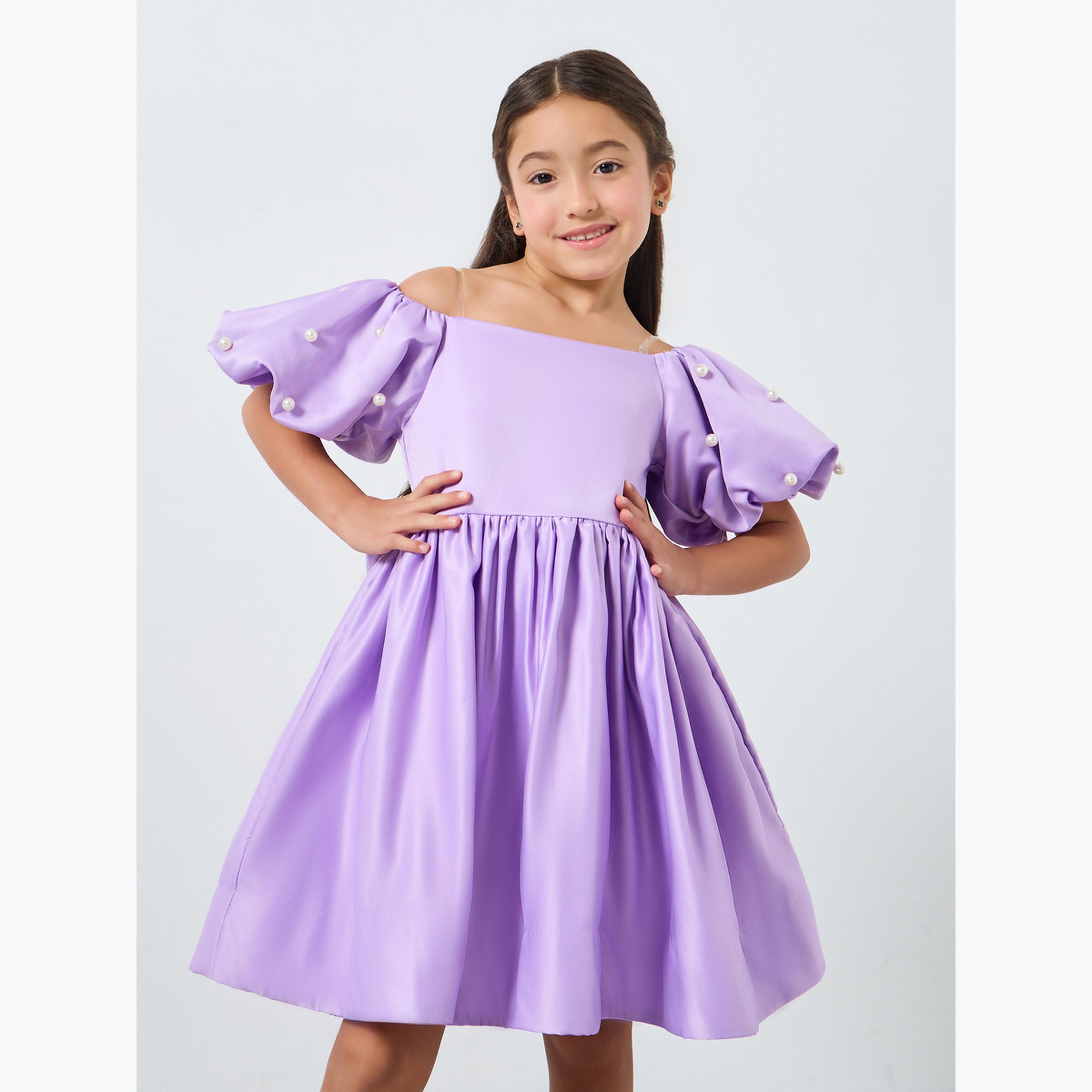Take Two Girls Purple Satin Puff Sleeve Faux Pearls Detail Dress-girls-clothing-dressesandjumpsuits-image-1